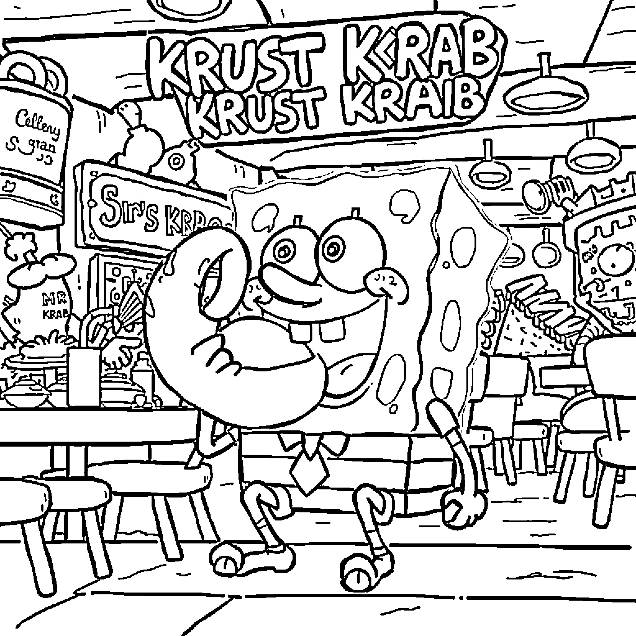 Spongebob in a Krusty Krab restaurant scene Coloring Page (free black-and-white line drawing printable PDF for all, from beginners to advanced learners, including children, teens, adults, and seniors)