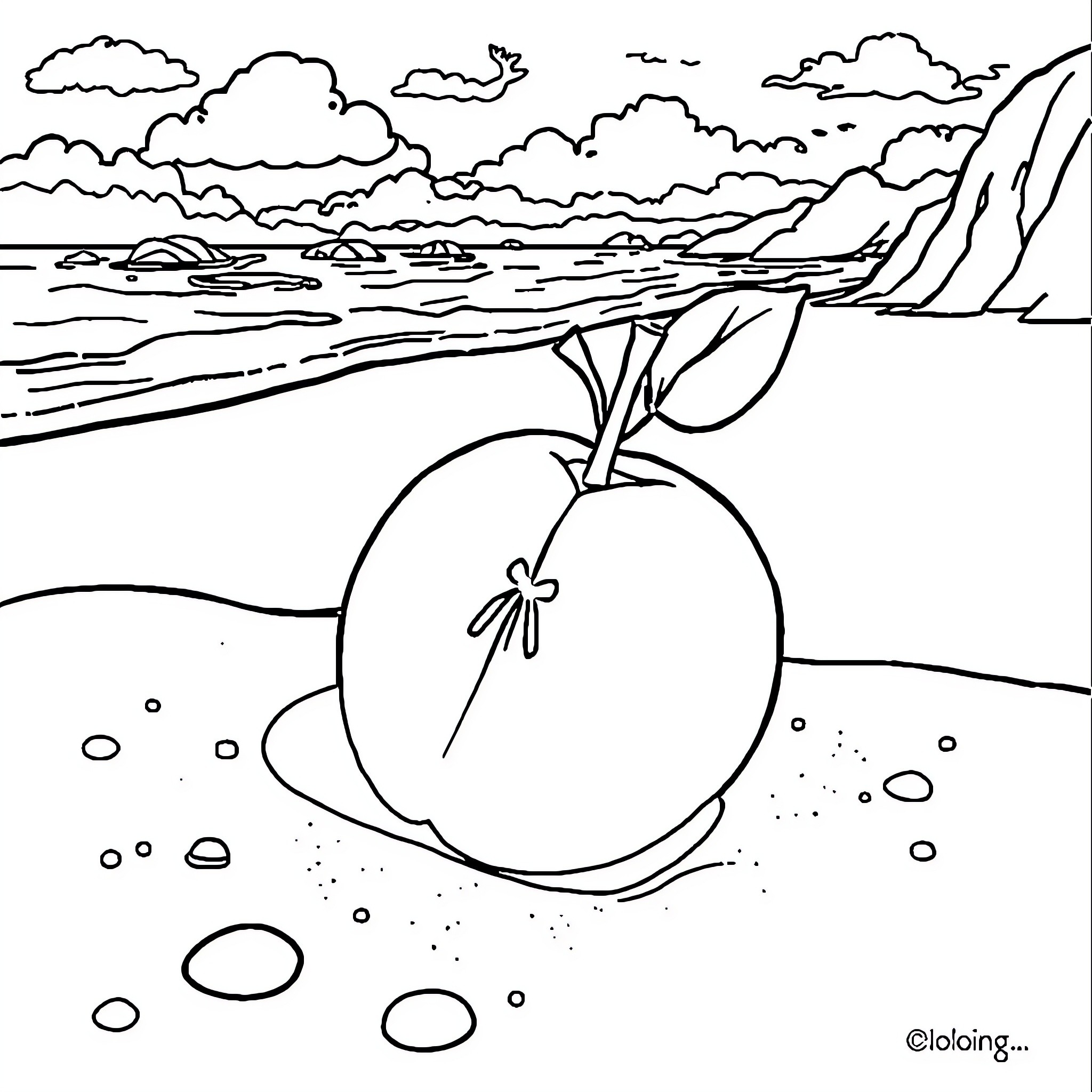 Potato Floating on the Serene Ocean Coloring Page (free black-and-white line drawing printable PDF for all, from beginners to advanced learners, including children, teens, adults, and seniors)