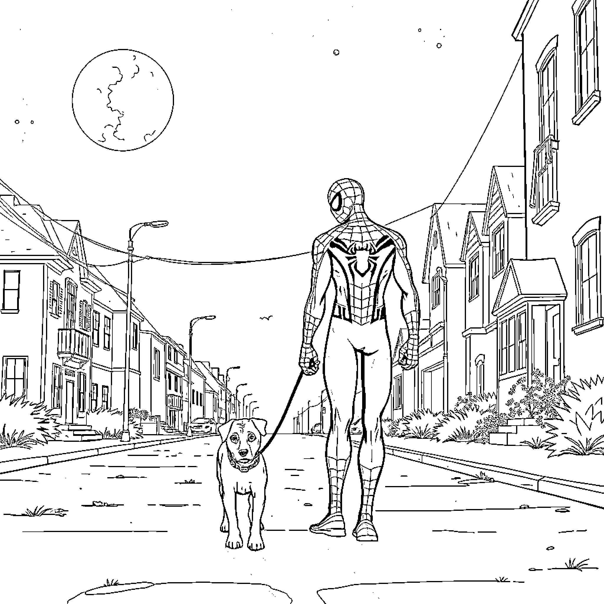 Spiderman walking his dog in the city at night Coloring Page (free black-and-white line drawing printable PDF for all, from beginners to advanced learners, including children, teens, adults, and seniors)