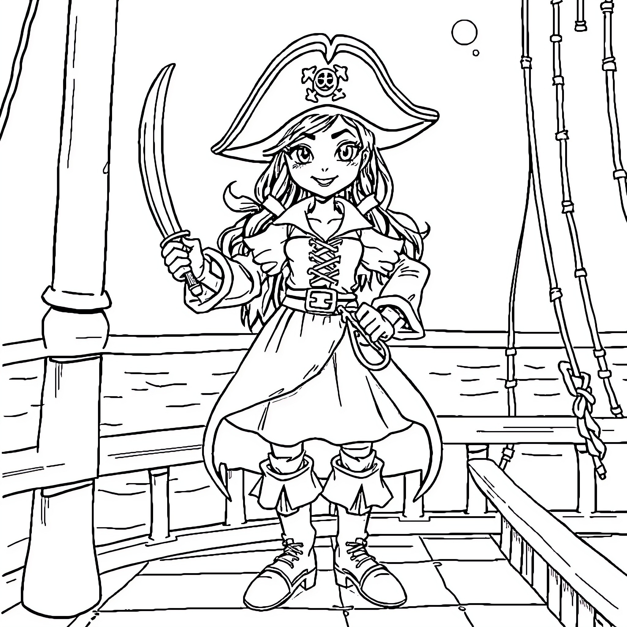 Snow White as a Pirate on a Ship Coloring Page (free black-and-white line drawing printable PDF for all, from beginners to advanced learners, including children, teens, adults, and seniors)
