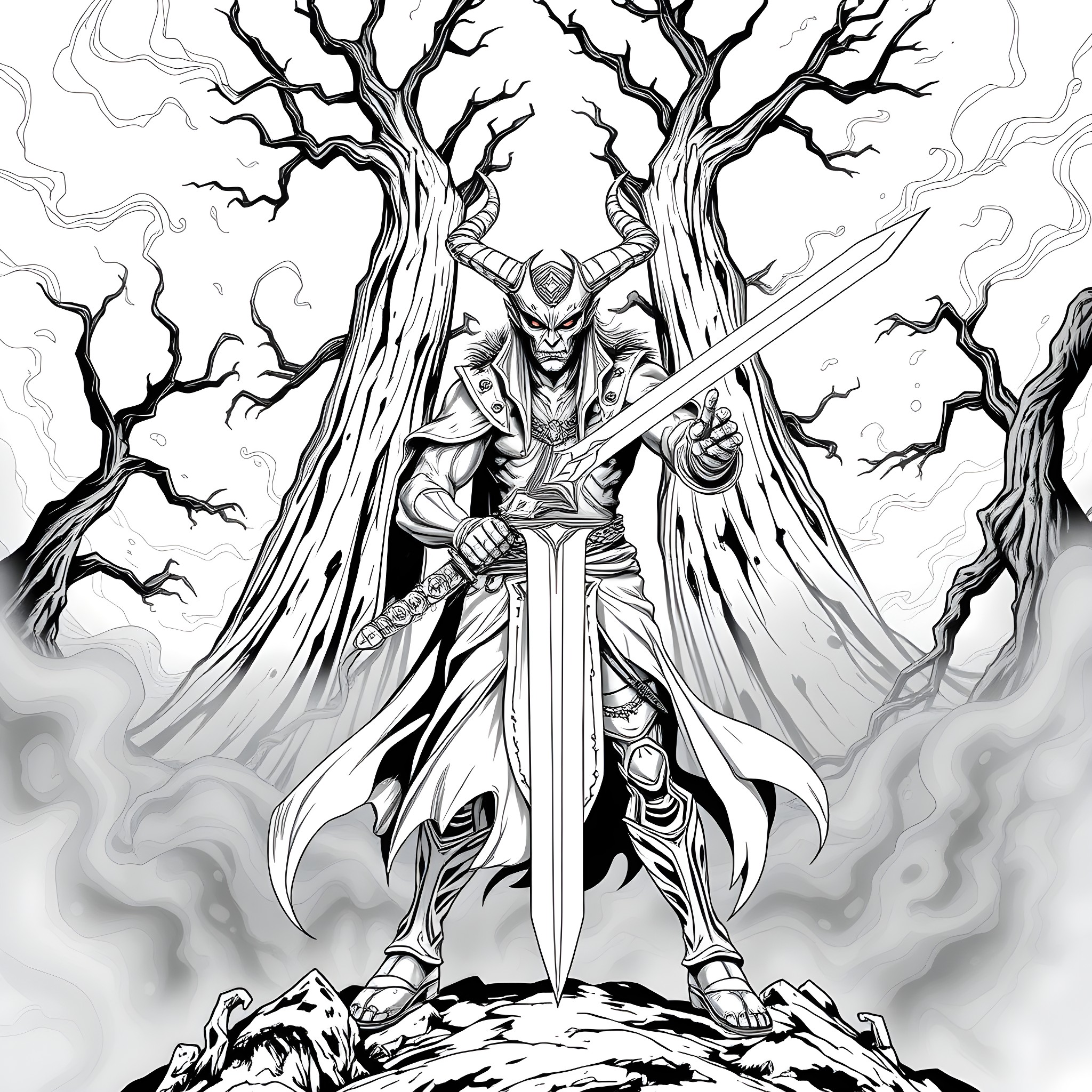 Demon Slayer: Warrior's Heroic Stance Amidst Ethereal Backdrop Coloring Page (free black-and-white line drawing printable PDF for all, from beginners to advanced learners, including children, teens, adults, and seniors)