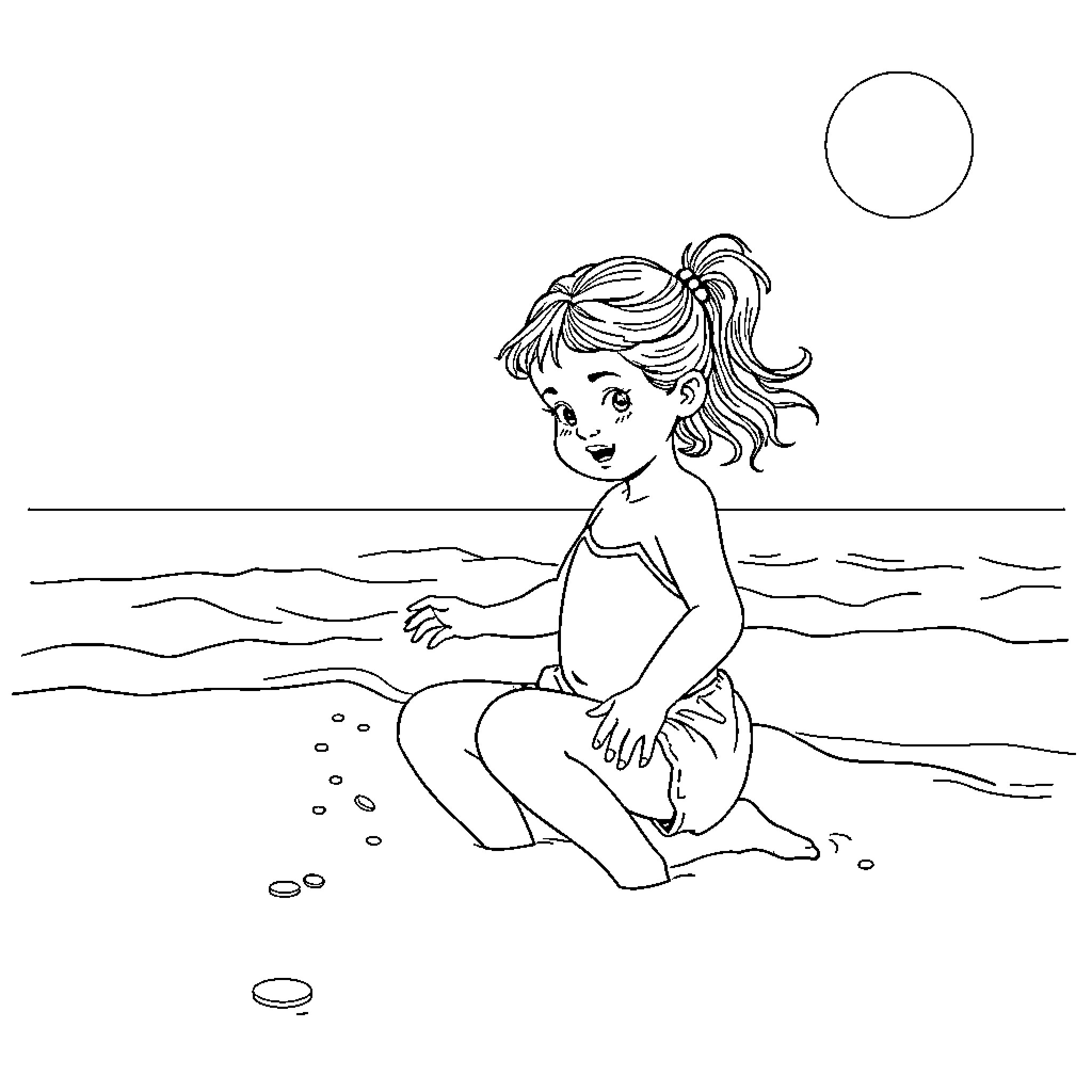 Girl enjoying the beach on a sunny day Coloring Page (free black-and-white line drawing printable PDF for all, from beginners to advanced learners, including children, teens, adults, and seniors)