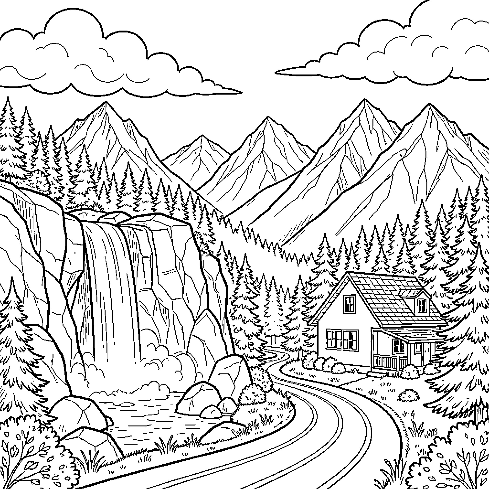 Nature featuring a waterfall flowing near a mountain house Coloring Page (free black-and-white line drawing printable PDF for all, from beginners to advanced learners, including children, teens, adults, and seniors)