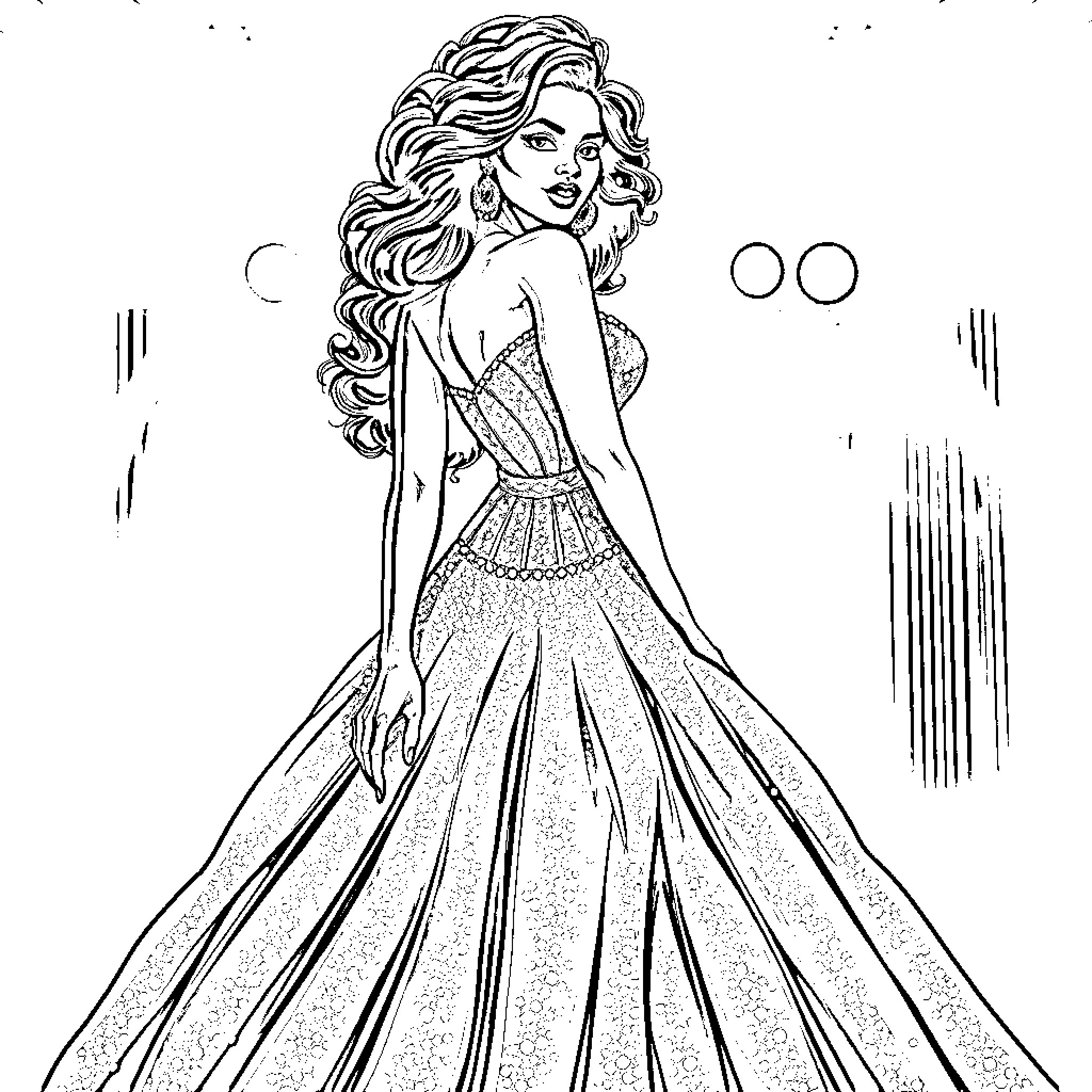 Woman in a glamorous evening gown Coloring Page (free black-and-white line drawing printable PDF for all, from beginners to advanced learners, including children, teens, adults, and seniors)