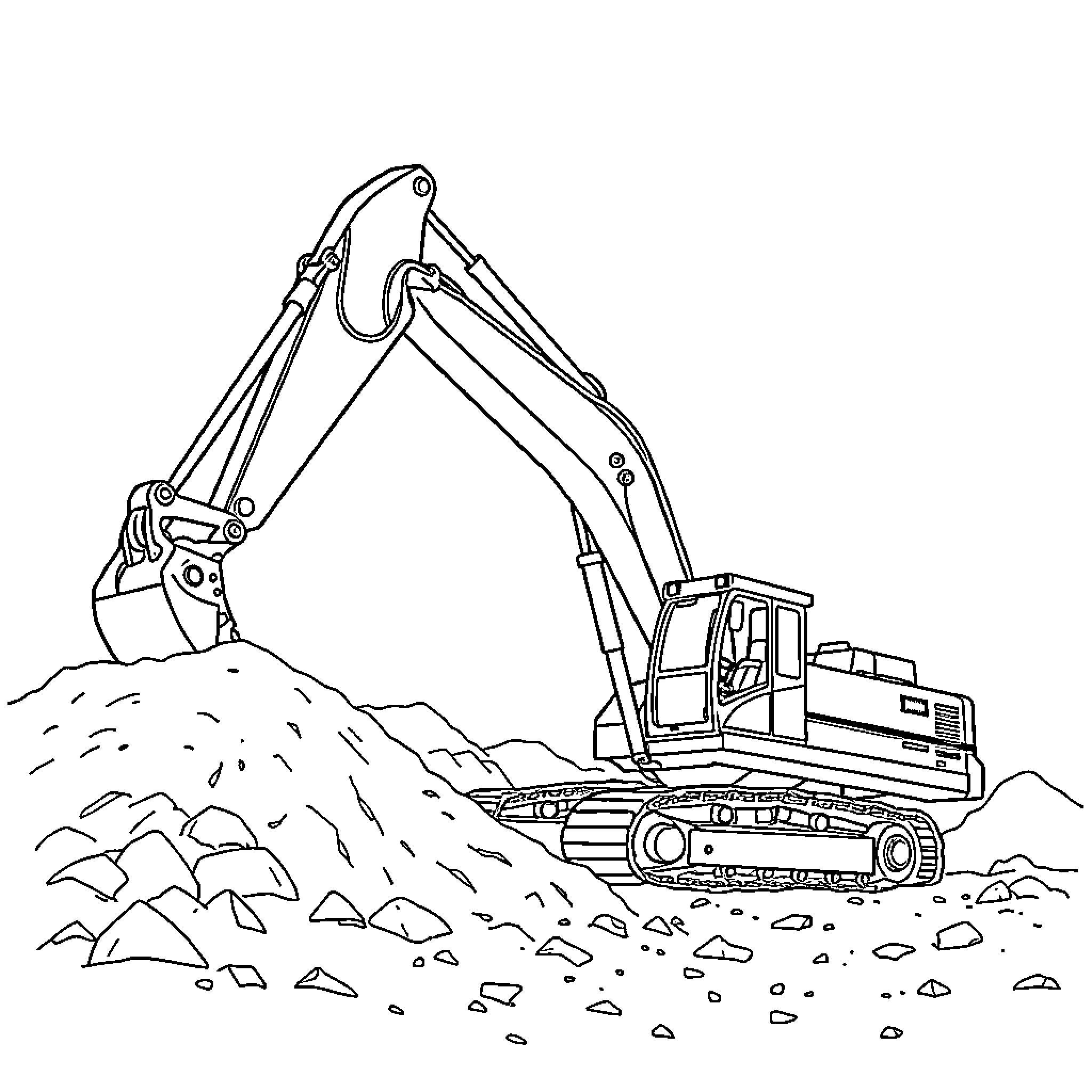 Excavator digging in rocky terrain Coloring Page (free black-and-white line drawing printable PDF for all, from beginners to advanced learners, including children, teens, adults, and seniors)