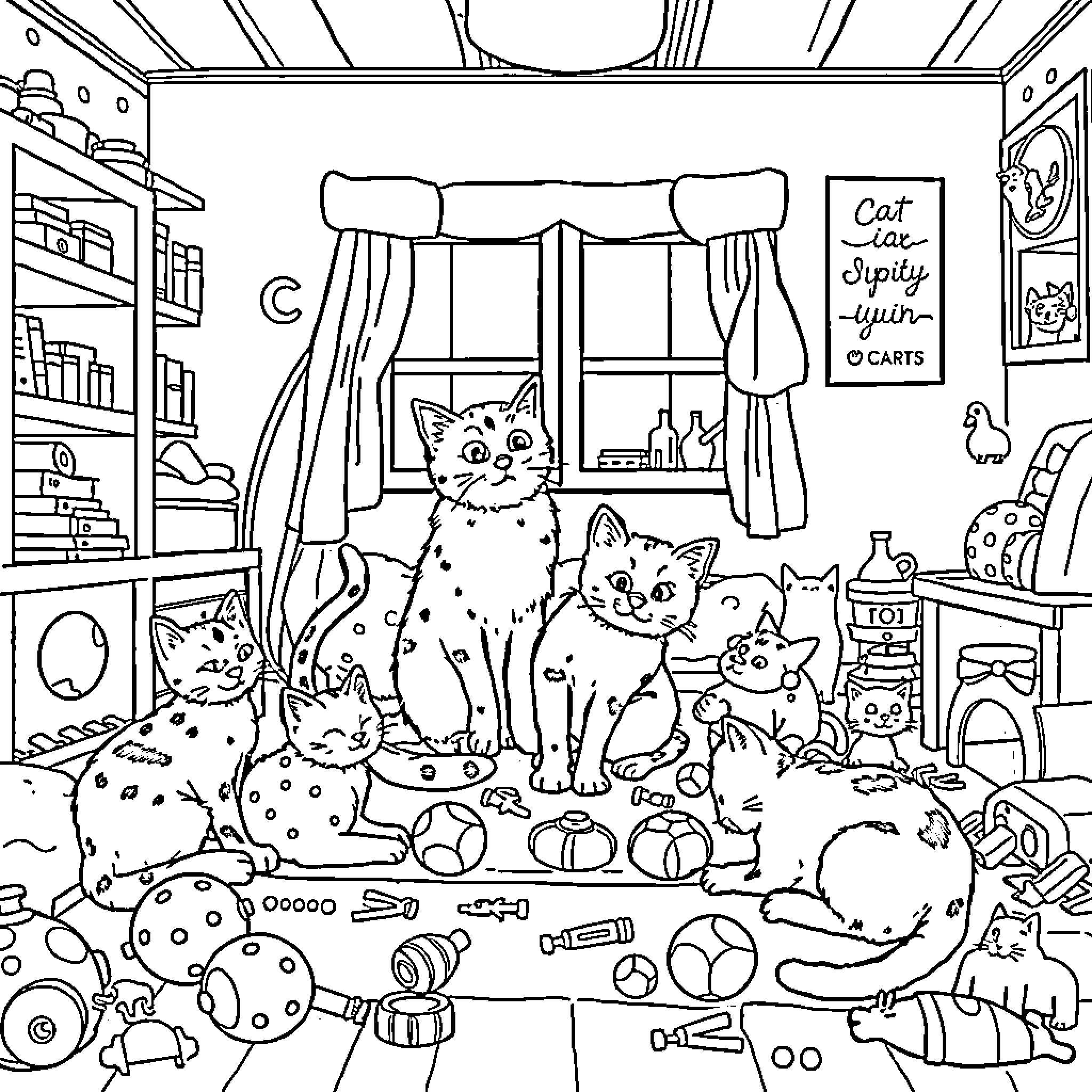 Cats playing amid clutter in cozy home Coloring Page (free black-and-white line drawing printable PDF for all, from beginners to advanced learners, including children, teens, adults, and seniors)