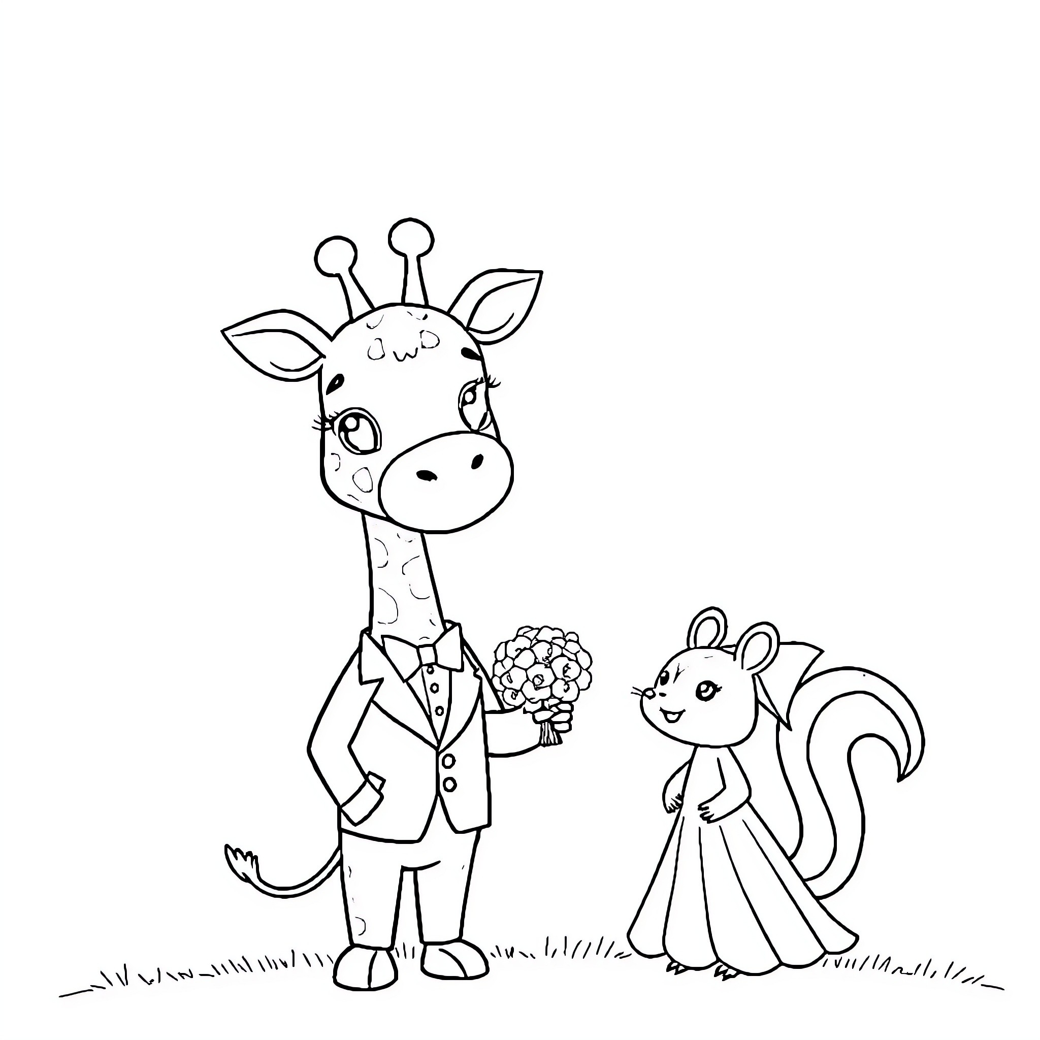 Giraffe and squirrel in formal wear Coloring Page (free black-and-white line drawing printable PDF for all, from beginners to advanced learners, including children, teens, adults, and seniors)