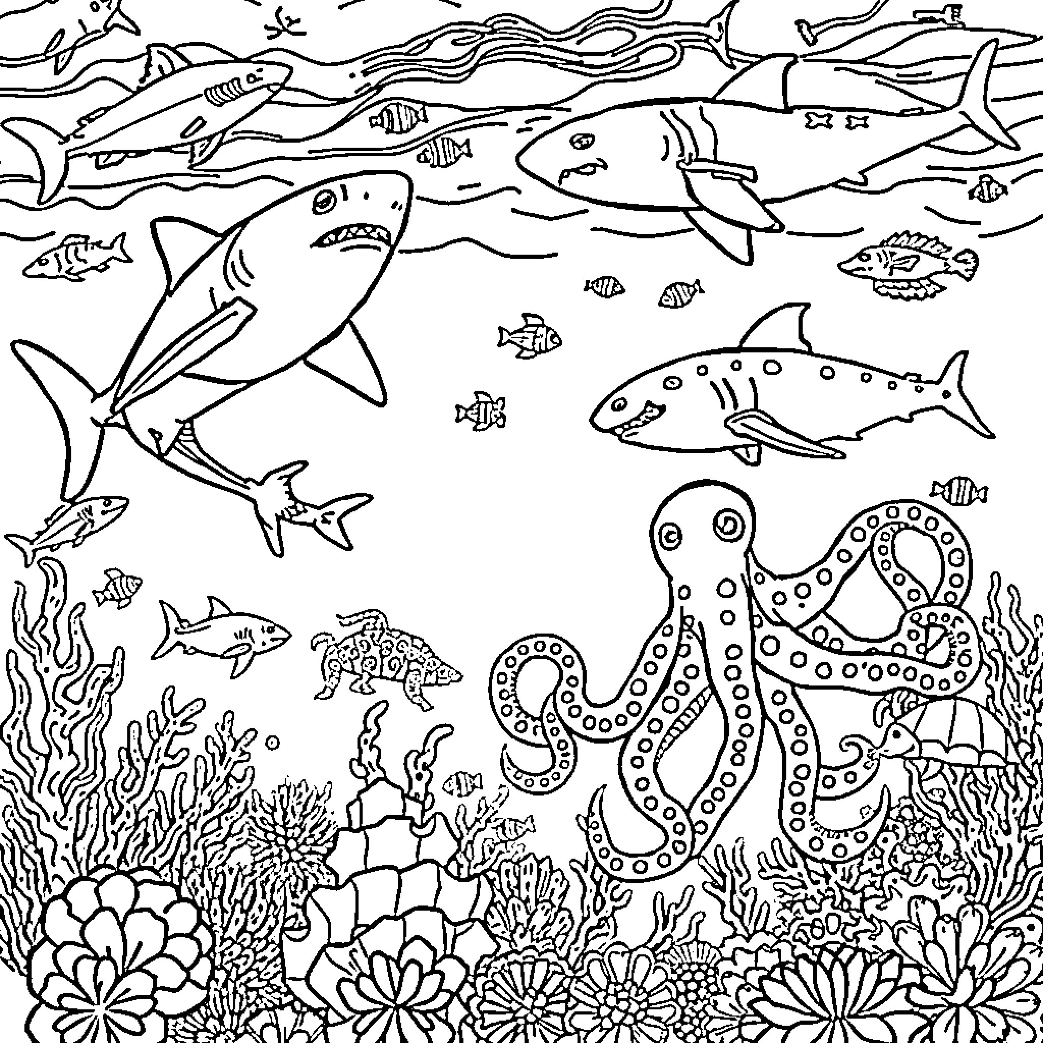 Sea Creatures Exploring the Underwater World Coloring Page (free black-and-white line drawing printable PDF for all, from beginners to advanced learners, including children, teens, adults, and seniors)