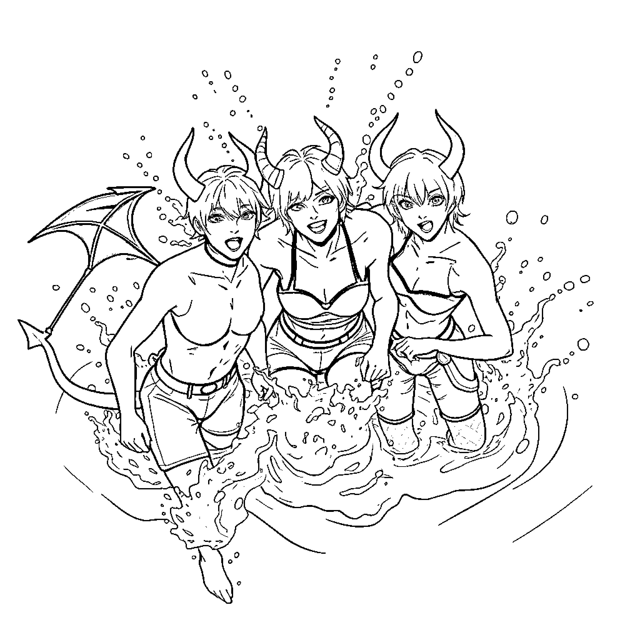 Demon Hunters Battling with Fiery Spirits Coloring Page (free black-and-white line drawing printable PDF for all, from beginners to advanced learners, including children, teens, adults, and seniors)