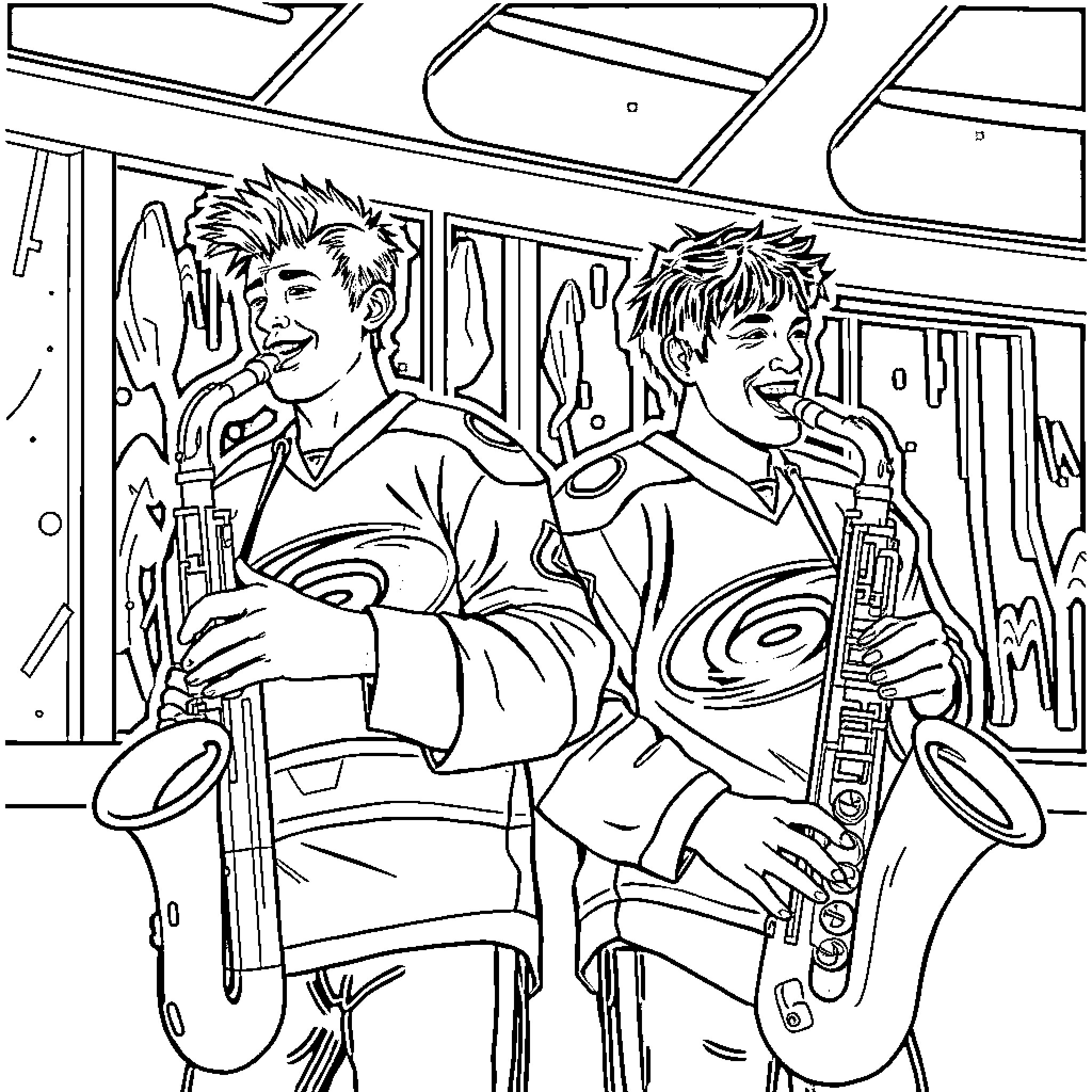 Saxophone players performing on stage Coloring Page (free black-and-white line drawing printable PDF for all, from beginners to advanced learners, including children, teens, adults, and seniors)
