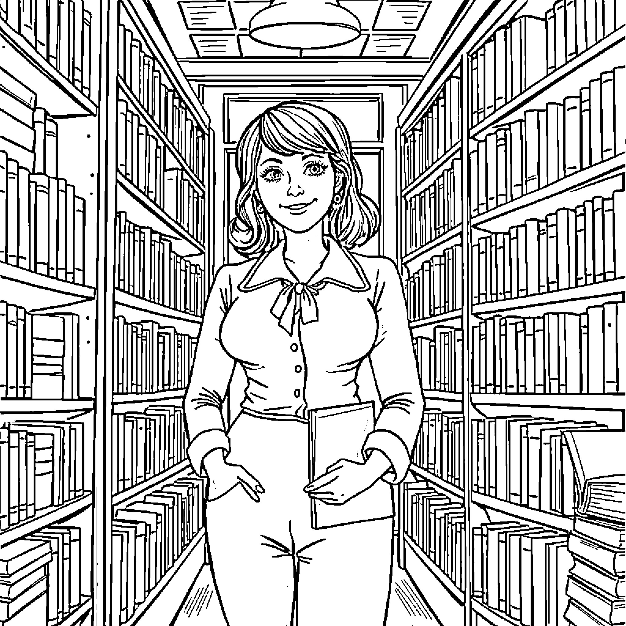 Sally D'Angelo in the library - smiling and surrounded by books Coloring Page (free black-and-white line drawing printable PDF for all, from beginners to advanced learners, including children, teens, adults, and seniors)