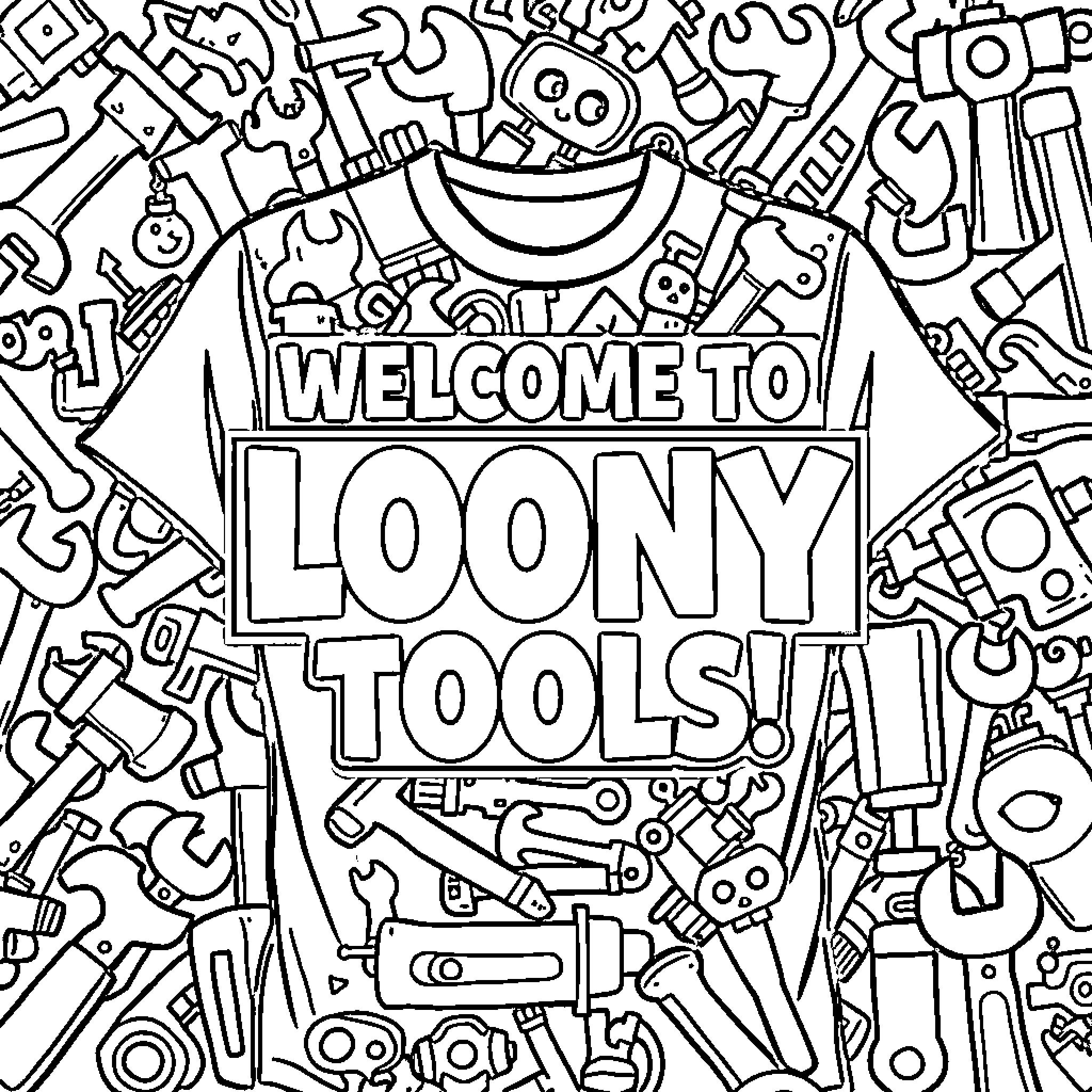 Loony Tools: Crazy, Quirky Workshop of Endless Possibilities Coloring Page (free black-and-white line drawing printable PDF for all, from beginners to advanced learners, including children, teens, adults, and seniors)
