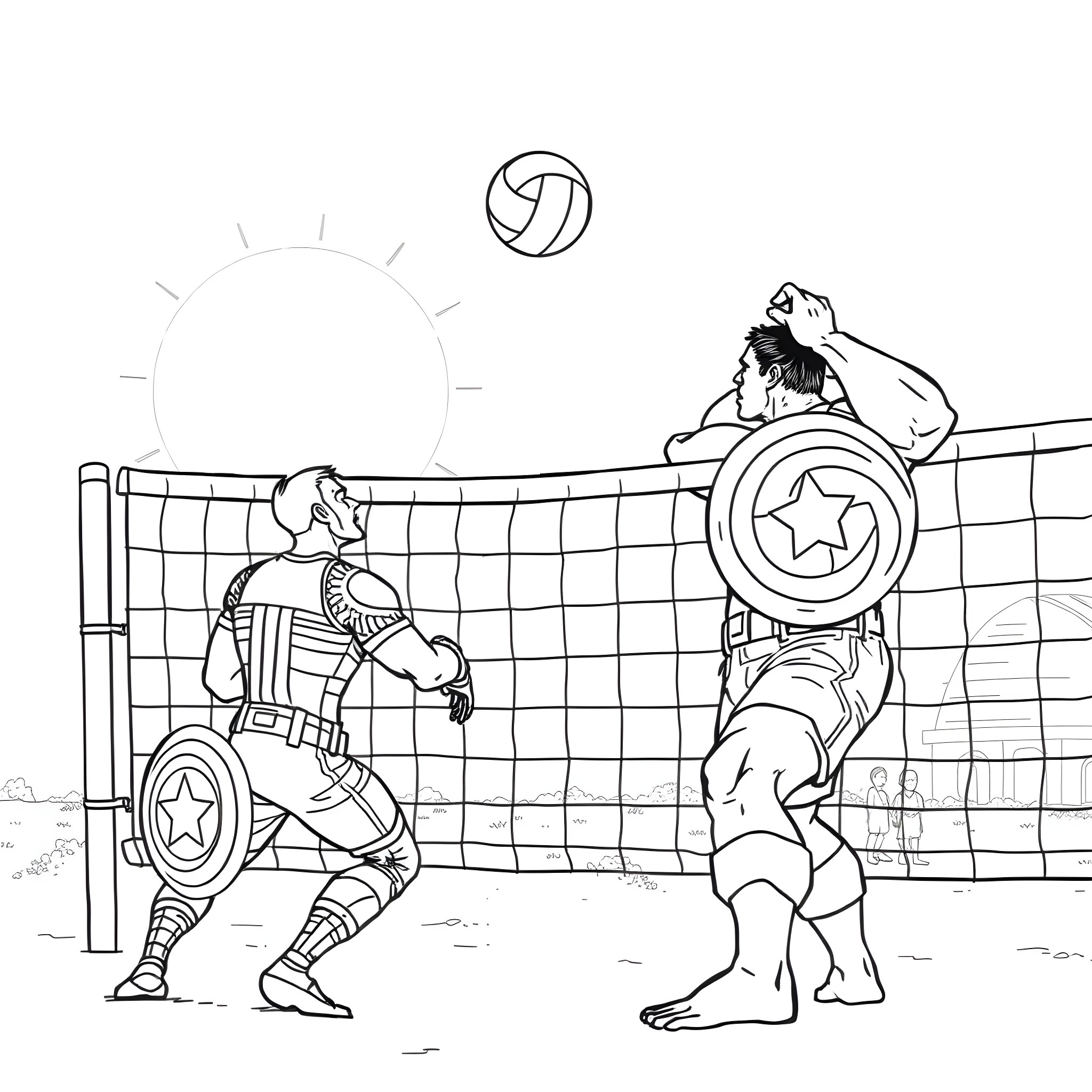 Hulk Playing Volleyball with Captain America Coloring Page (free black-and-white line drawing printable PDF for all, from beginners to advanced learners, including children, teens, adults, and seniors)
