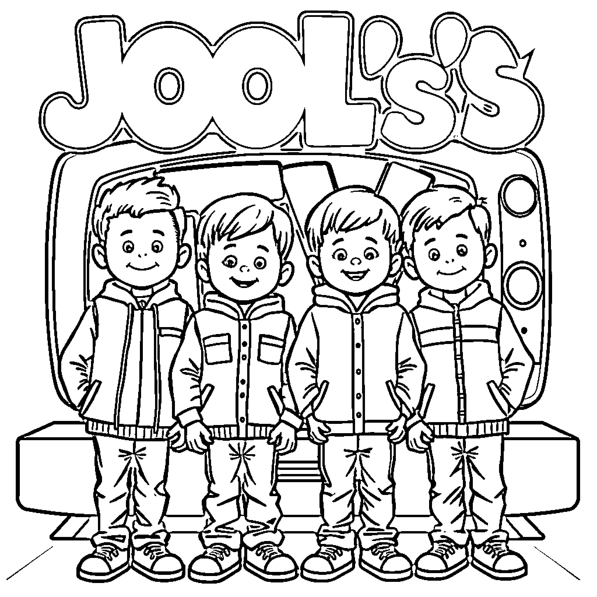 Brothers performing on stage together Coloring Page (free black-and-white line drawing printable PDF for all, from beginners to advanced learners, including children, teens, adults, and seniors)