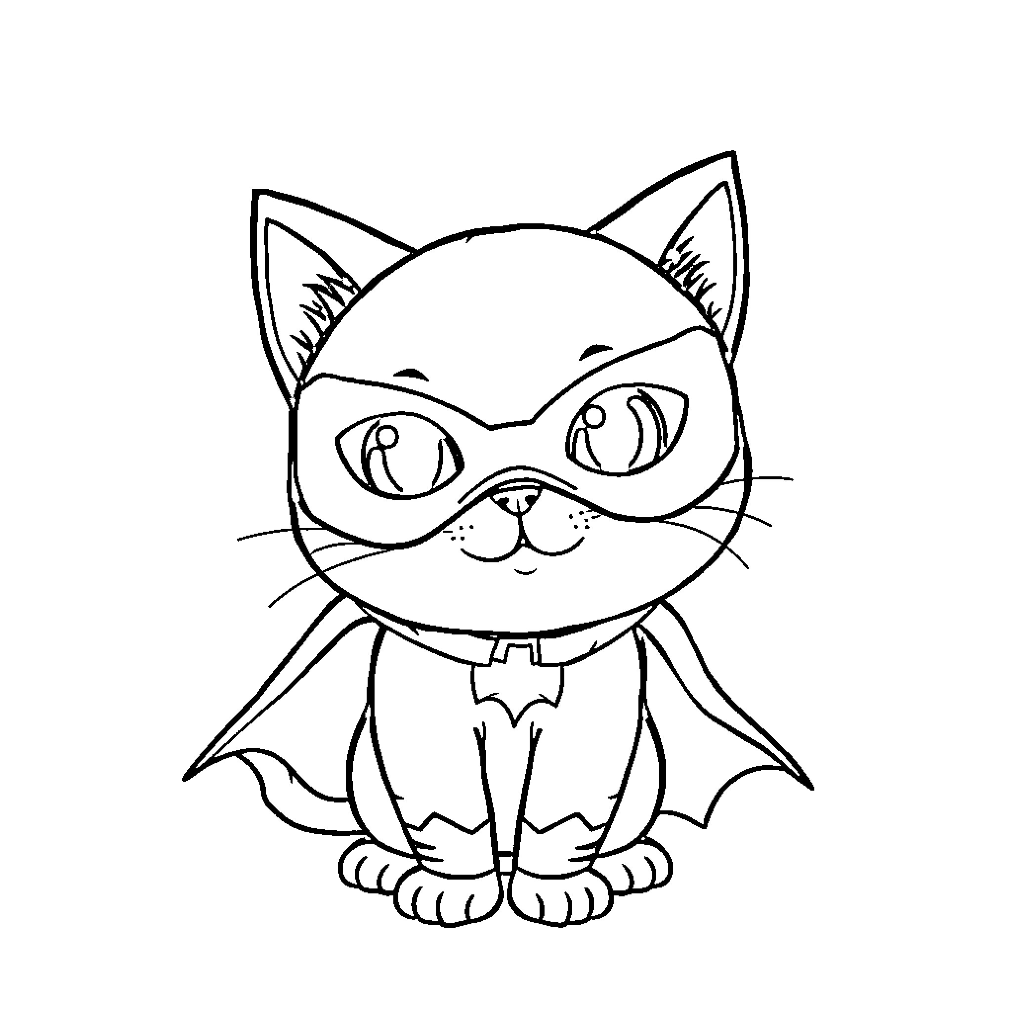 Batman Cat wearing superhero costume Coloring Page (free black-and-white line drawing printable PDF for all, from beginners to advanced learners, including children, teens, adults, and seniors)