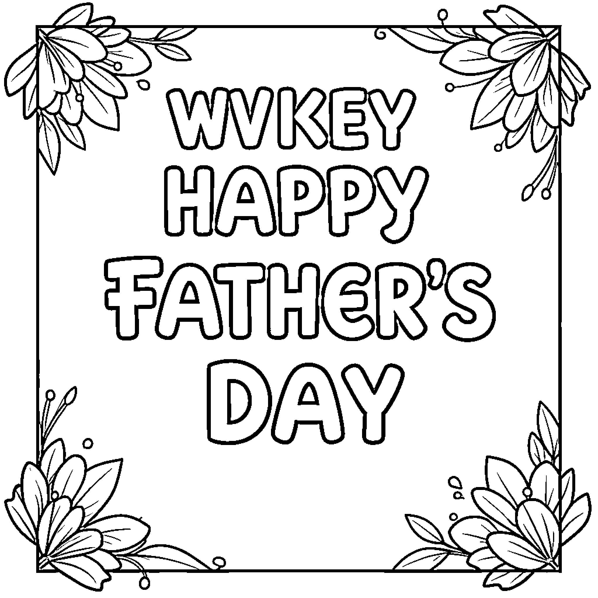 Father's Day celebration with decorative floral border Coloring Page (free black-and-white line drawing printable PDF for all, from beginners to advanced learners, including children, teens, adults, and seniors)
