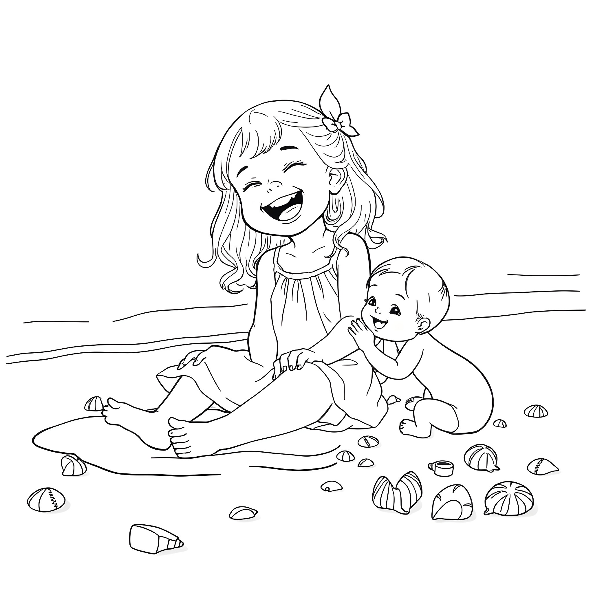Girl Playing Happily with Baby on the Beach Coloring Page (free black-and-white line drawing printable PDF for all, from beginners to advanced learners, including children, teens, adults, and seniors)