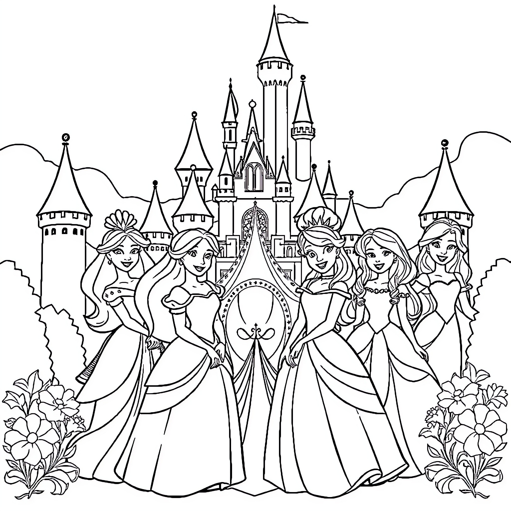 Disney Princesses in Elegant Dresses at Castle Coloring Page (free black-and-white line drawing printable PDF for all, from beginners to advanced learners, including children, teens, adults, and seniors)