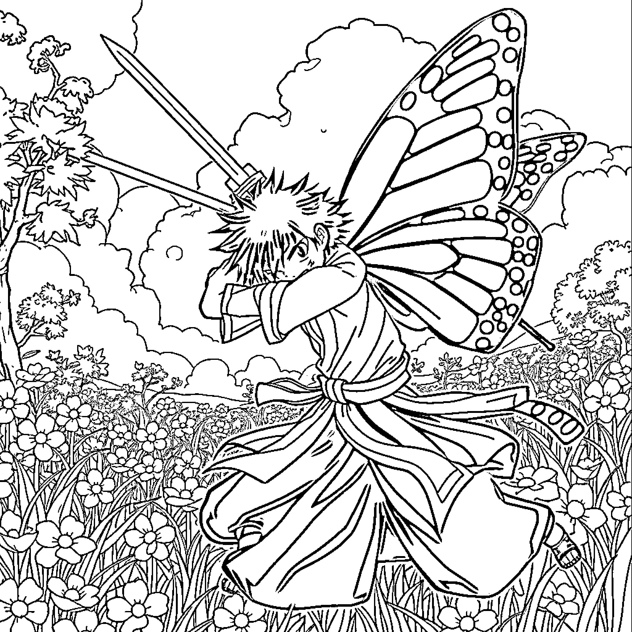 Tanjiro, the Butterfly Demon Slayer in the Floral Meadow Coloring Page (free black-and-white line drawing printable PDF for all, from beginners to advanced learners, including children, teens, adults, and seniors)