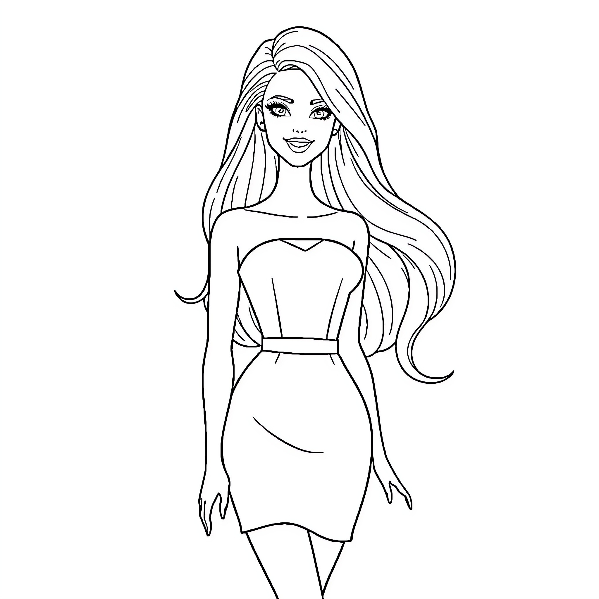 Barbie Doll in Elegant Dress Coloring Page (free black-and-white line drawing printable PDF for all, from beginners to advanced learners, including children, teens, adults, and seniors)
