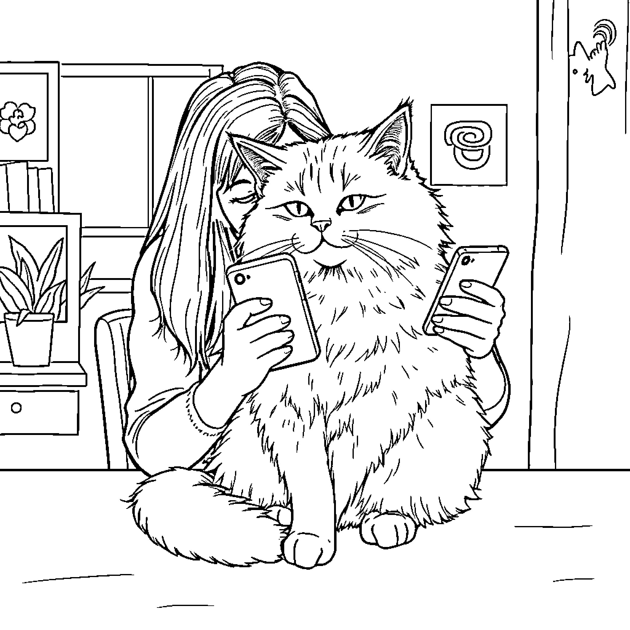 Cat using smartphone in cozy home Coloring Page (free black-and-white line drawing printable PDF for all, from beginners to advanced learners, including children, teens, adults, and seniors)