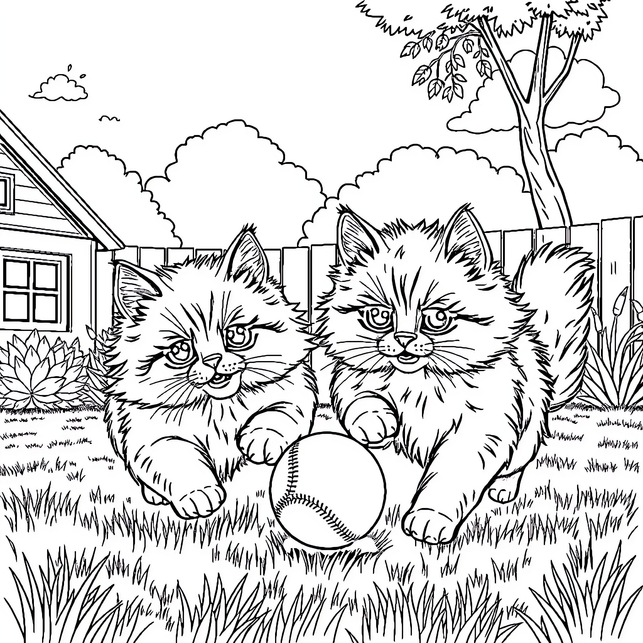 Ragdoll Cats Playing Joyfully in the Yard Coloring Page (free black-and-white line drawing printable PDF for all, from beginners to advanced learners, including children, teens, adults, and seniors)