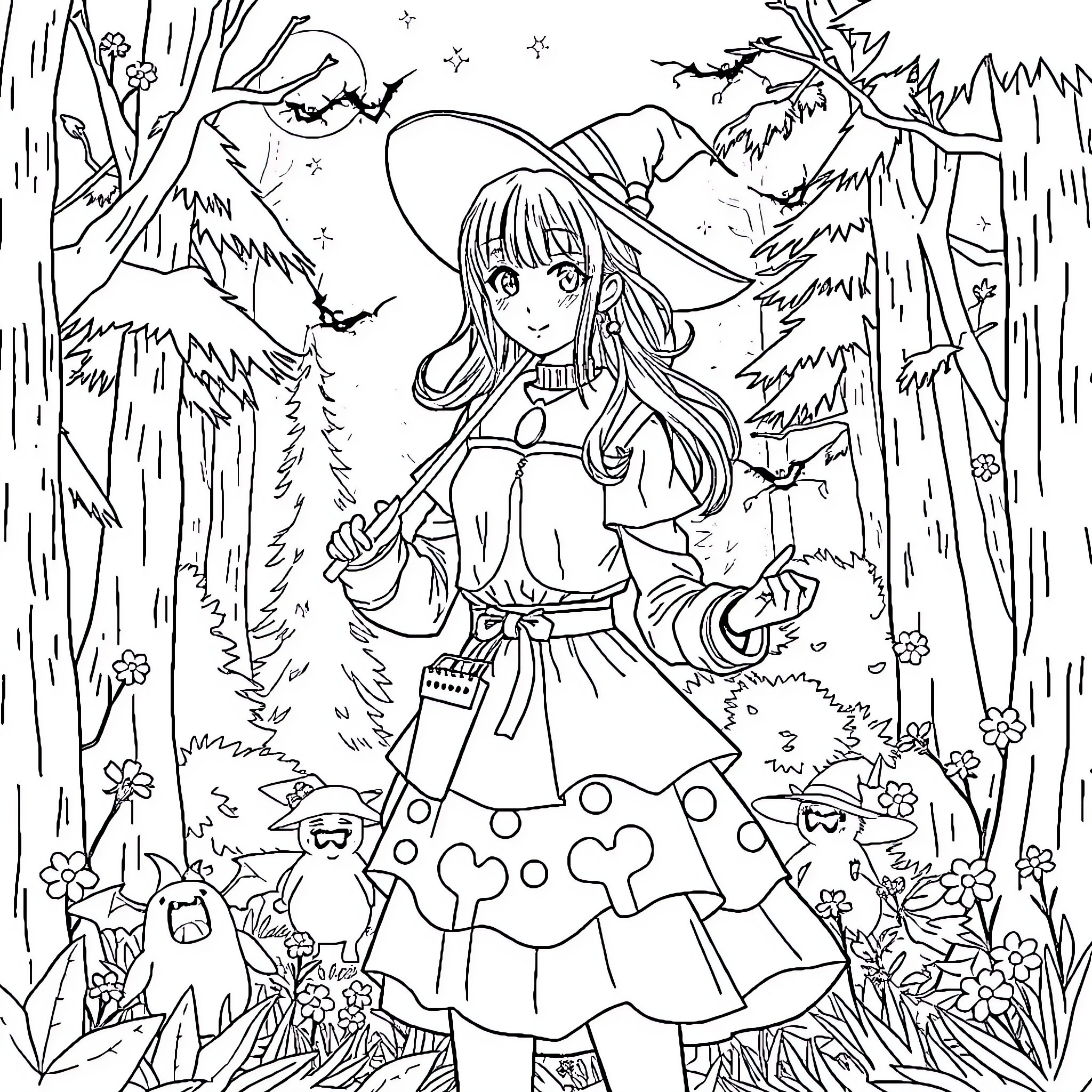 K-pop Girl in Enchanted Forest Adventure Coloring Page (free black-and-white line drawing printable PDF for all, from beginners to advanced learners, including children, teens, adults, and seniors)