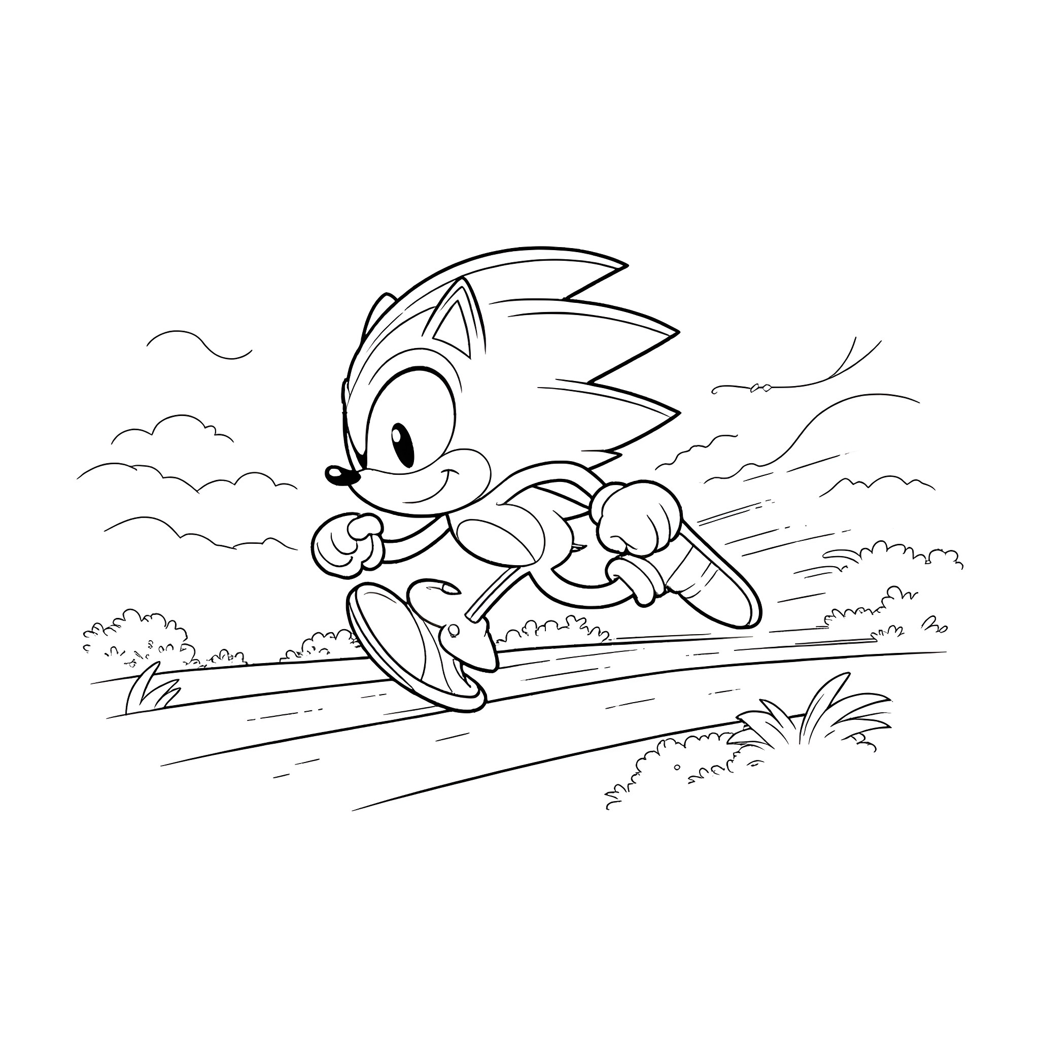 Sonic running speedily through the landscape Coloring Page (free black-and-white line drawing printable PDF for all, from beginners to advanced learners, including children, teens, adults, and seniors)