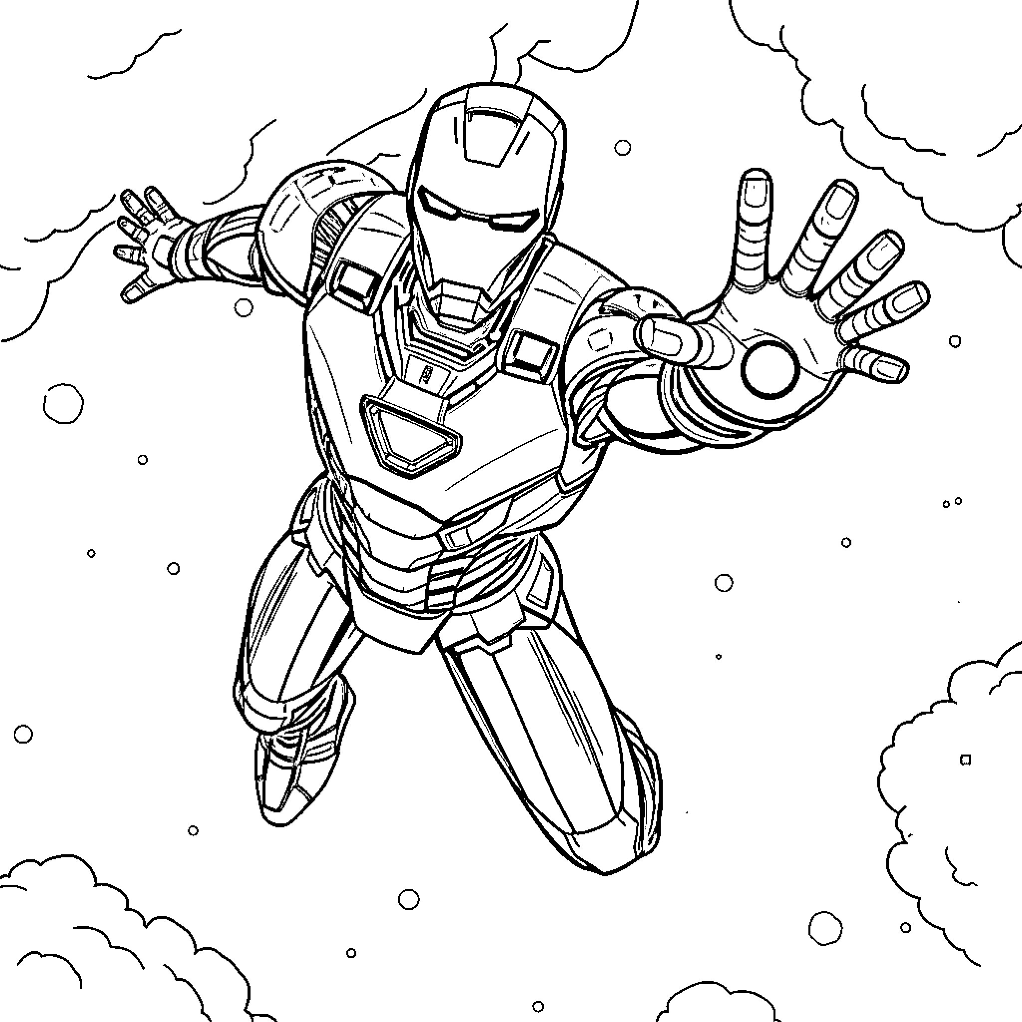 Ironman soaring through the sky in action Coloring Page (free black-and-white line drawing printable PDF for all, from beginners to advanced learners, including children, teens, adults, and seniors)