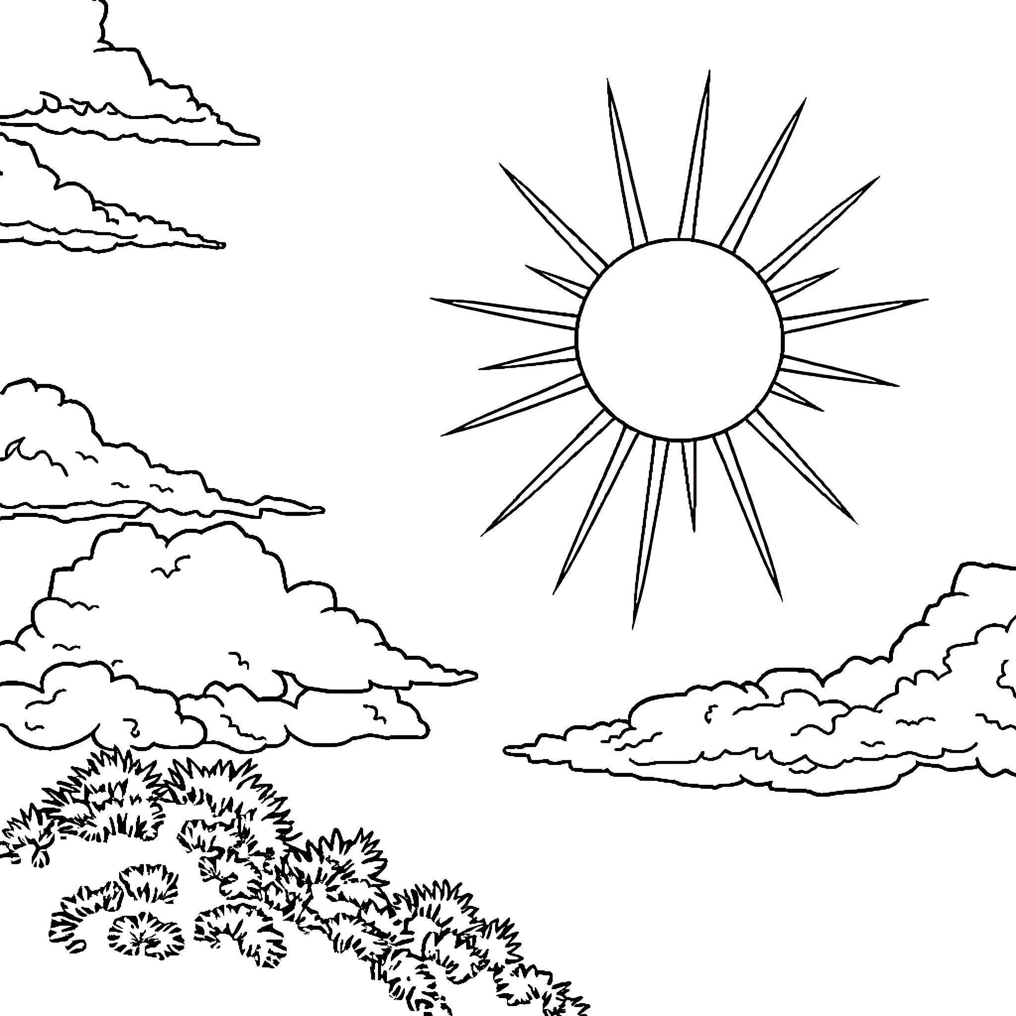 Sun shining brightly over cloudy landscape Coloring Page (free black-and-white line drawing printable PDF for all, from beginners to advanced learners, including children, teens, adults, and seniors)