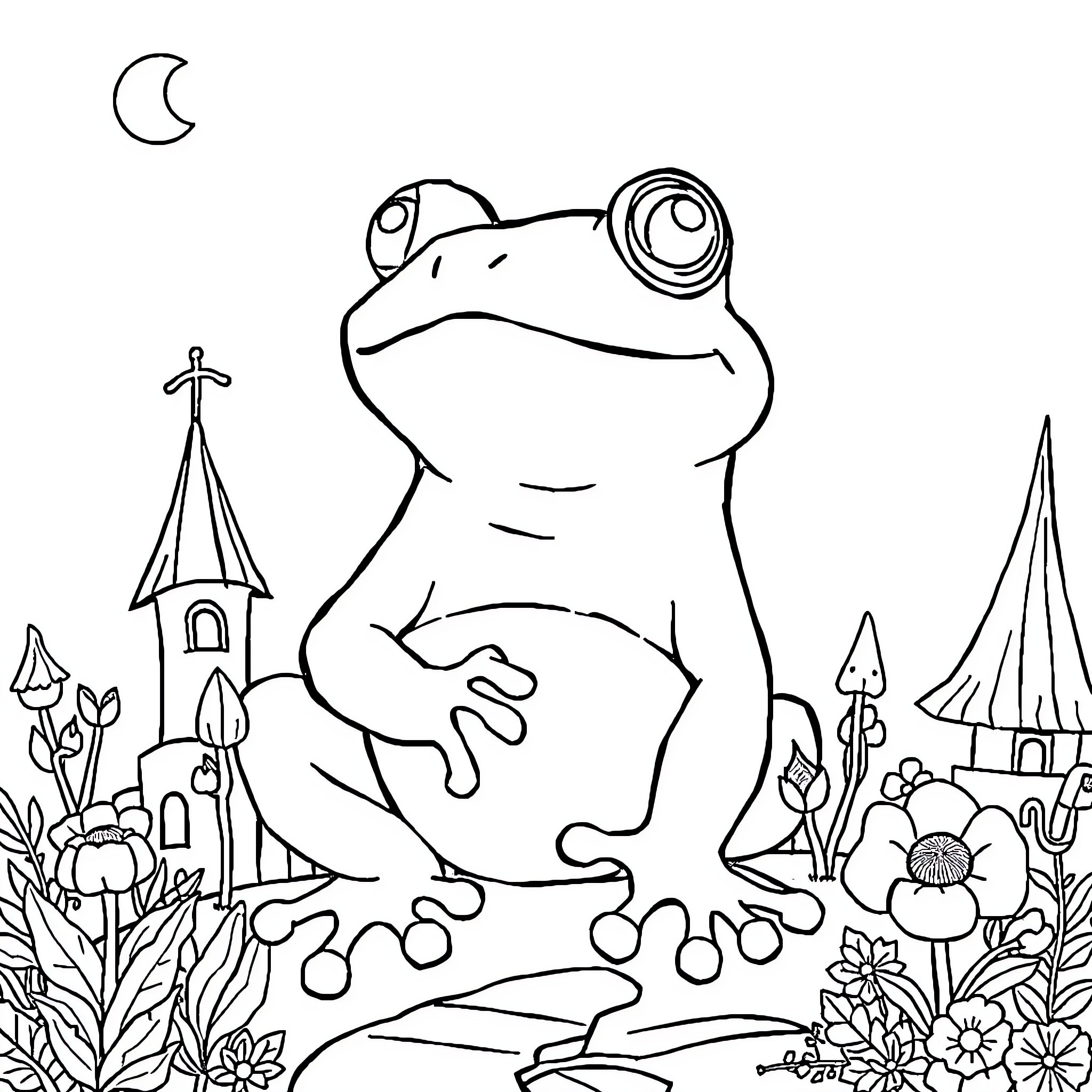 Frog sitting amid whimsical garden scene Coloring Page (free black-and-white line drawing printable PDF for all, from beginners to advanced learners, including children, teens, adults, and seniors)