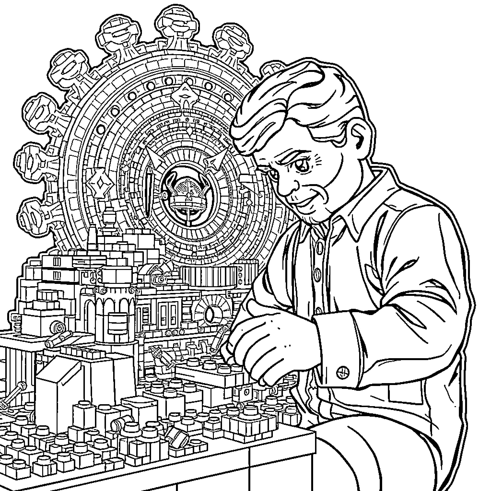 Lego Master Constructing an Intricate Masterpiece Coloring Page (free black-and-white line drawing printable PDF for all, from beginners to advanced learners, including children, teens, adults, and seniors)