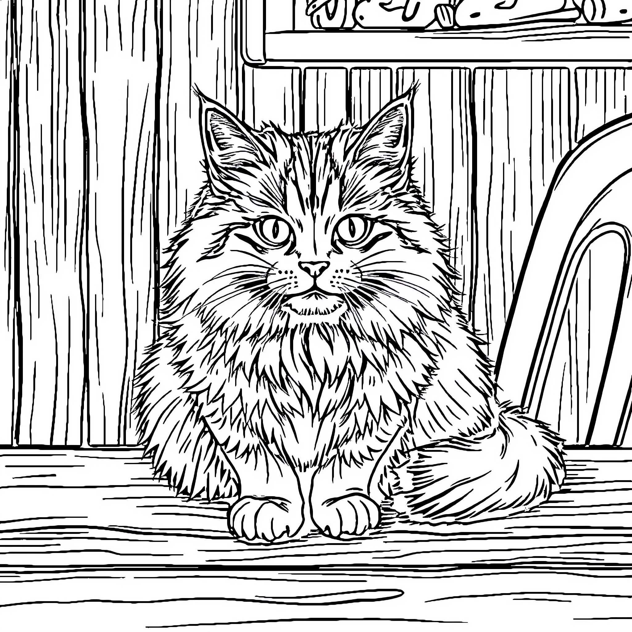Cat Sitting Intently in Rustic Setting Coloring Page (free black-and-white line drawing printable PDF for all, from beginners to advanced learners, including children, teens, adults, and seniors)