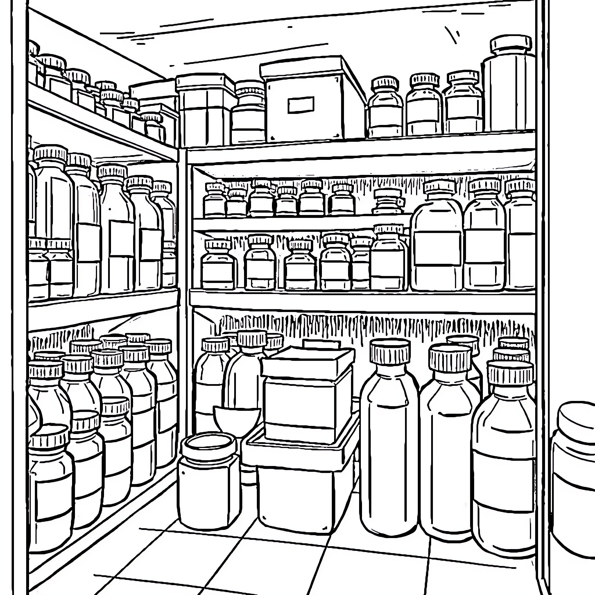 Medical Supplies Stored on Shelves Coloring Page (free black-and-white line drawing printable PDF for all, from beginners to advanced learners, including children, teens, adults, and seniors)