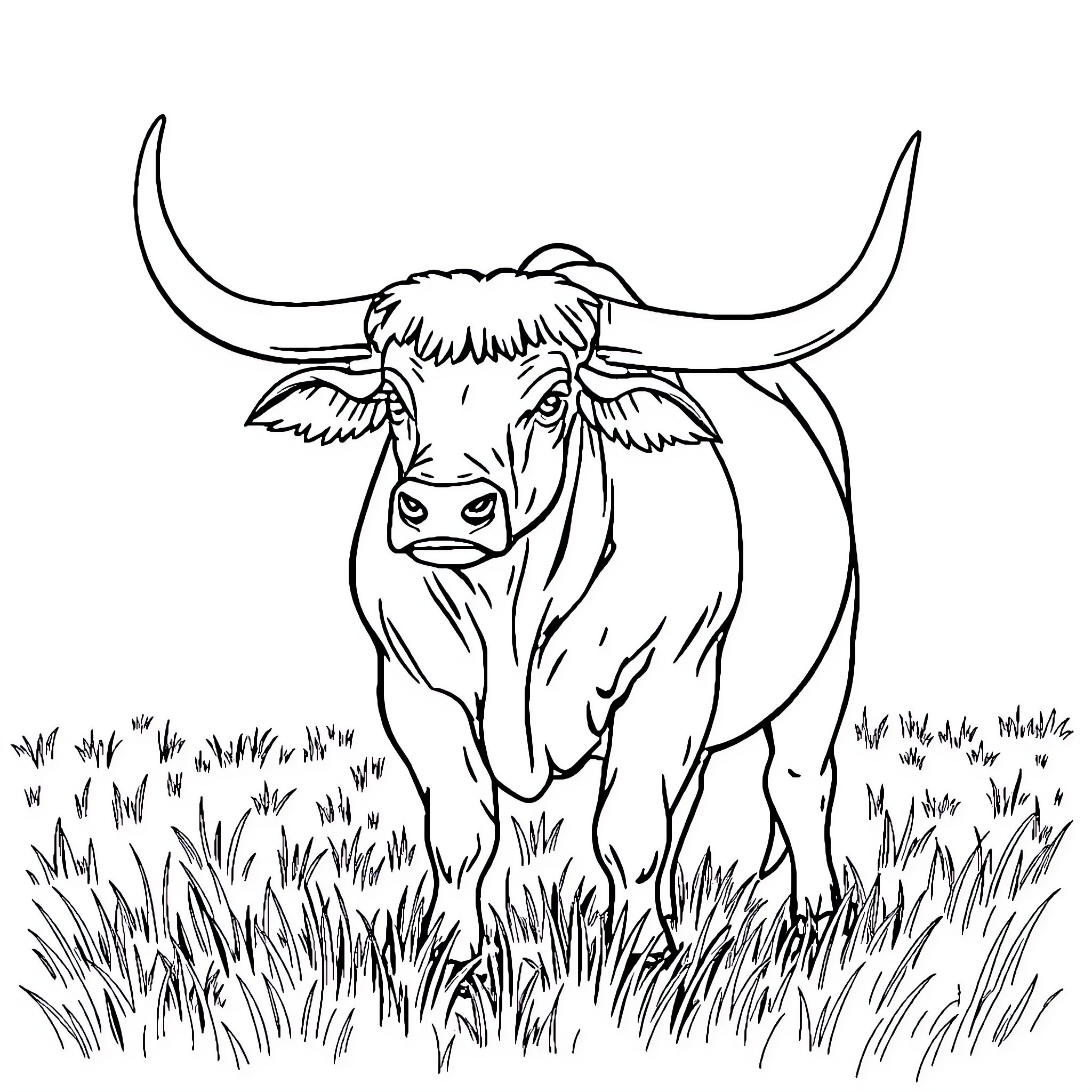 Bull standing tall in grassy field Coloring Page (free black-and-white line drawing printable PDF for all, from beginners to advanced learners, including children, teens, adults, and seniors)