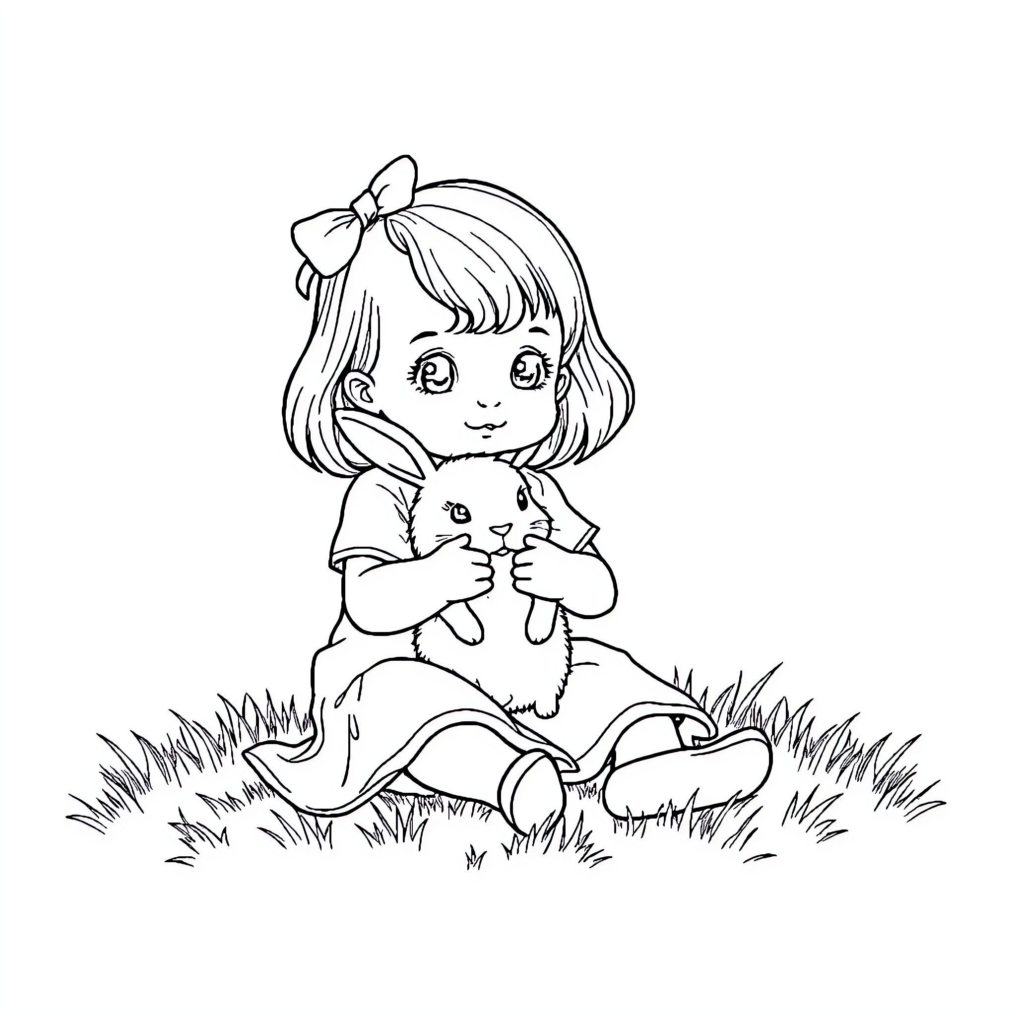Baby Girl Hugging Cute Kitten in Grassy Field Coloring Page (free black-and-white line drawing printable PDF for all, from beginners to advanced learners, including children, teens, adults, and seniors)