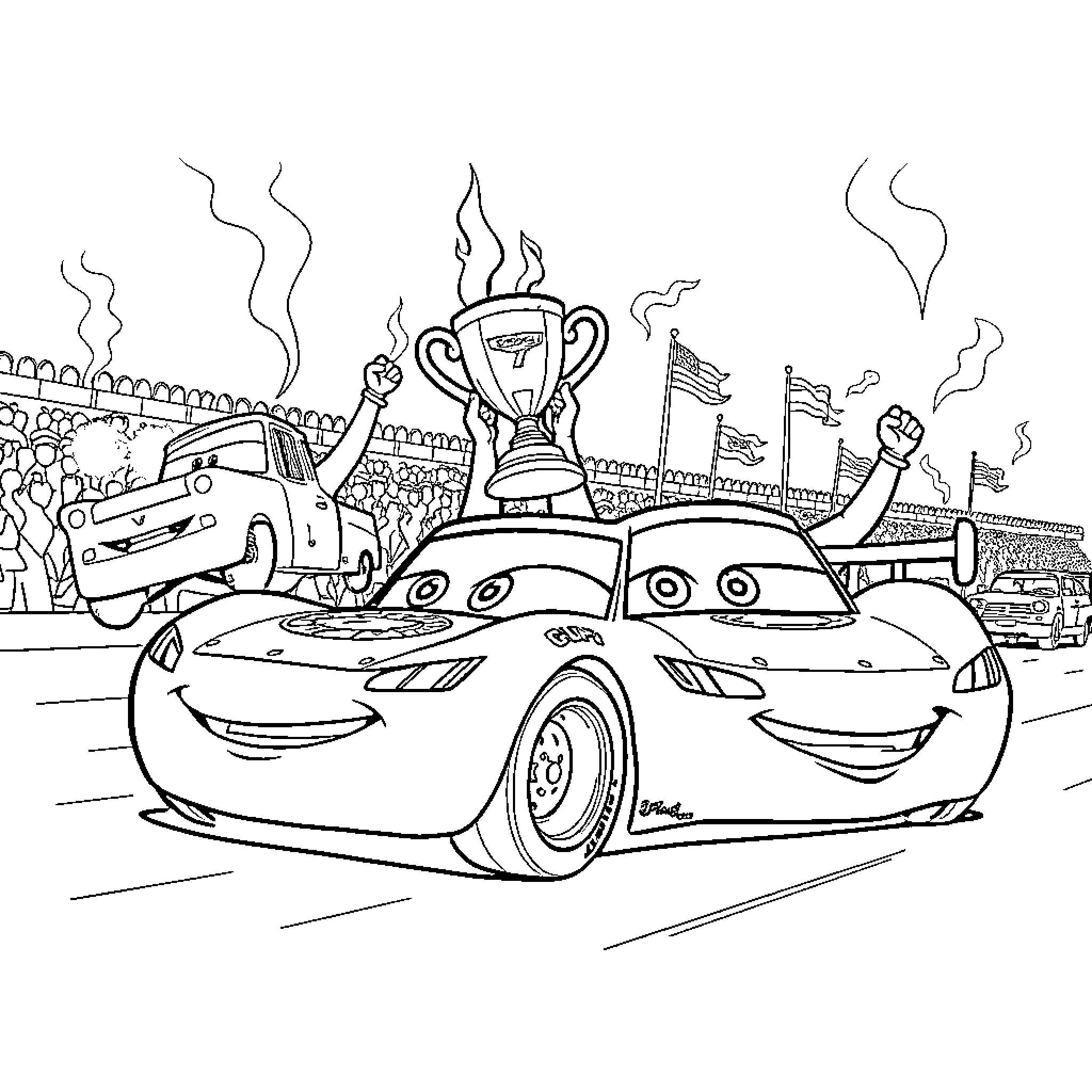 Cars Celebrating Victory on Racetrack Coloring Page (free black-and-white line drawing printable PDF for all, from beginners to advanced learners, including children, teens, adults, and seniors)