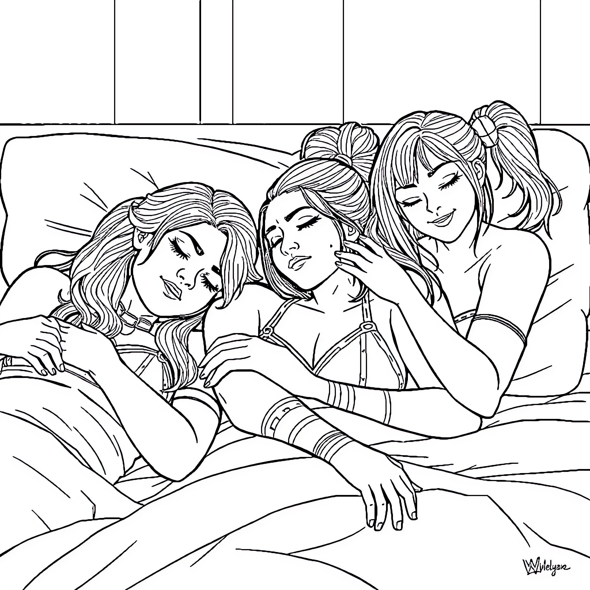 Asuka and Friends Enjoying a Cozy Moment Together Coloring Page (free black-and-white line drawing printable PDF for all, from beginners to advanced learners, including children, teens, adults, and seniors)