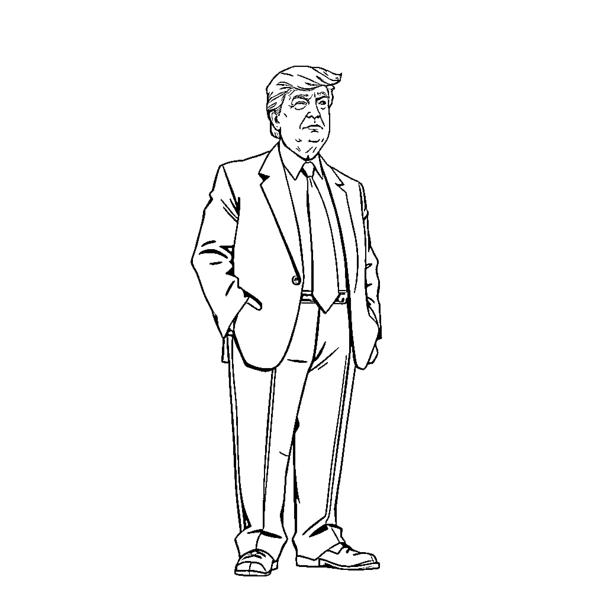 Donald Trump standing formally in suit and tie Coloring Page (free black-and-white line drawing printable PDF for all, from beginners to advanced learners, including children, teens, adults, and seniors)