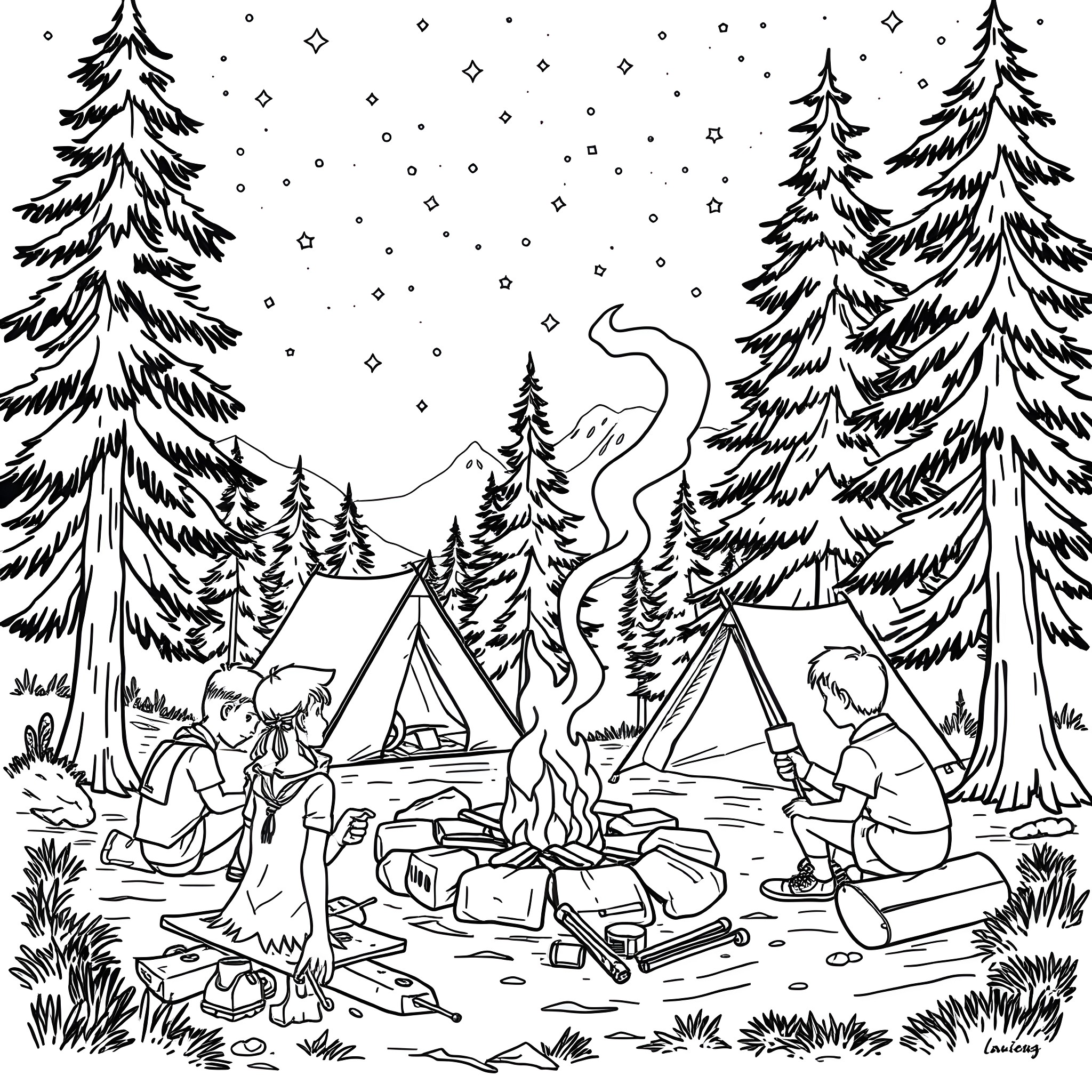 Scout Troop Camping in the Snowy Forest Coloring Page (free black-and-white line drawing printable PDF for all, from beginners to advanced learners, including children, teens, adults, and seniors)