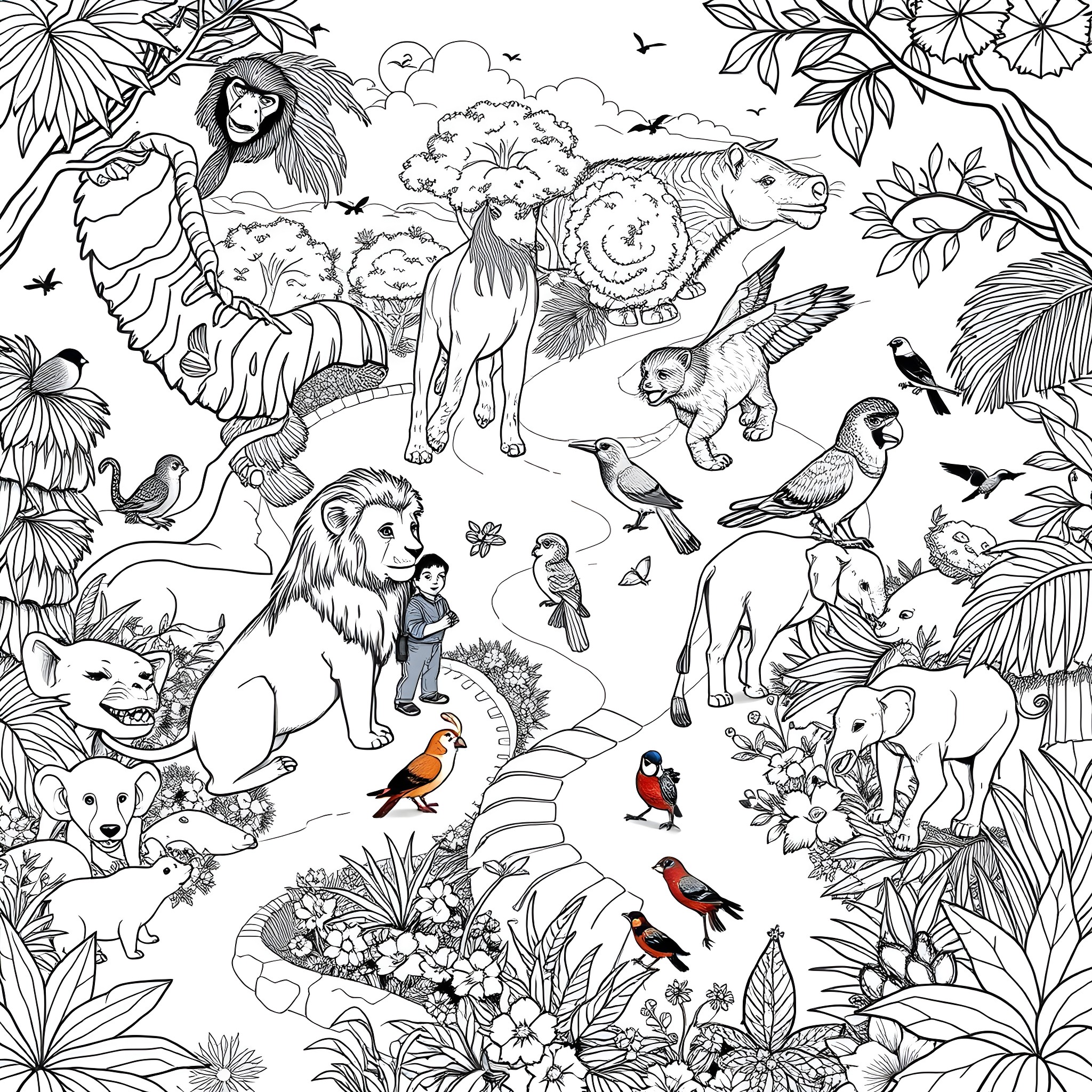 Animal Adventure in the Lush Jungle Coloring Page (free black-and-white line drawing printable PDF for all, from beginners to advanced learners, including children, teens, adults, and seniors)