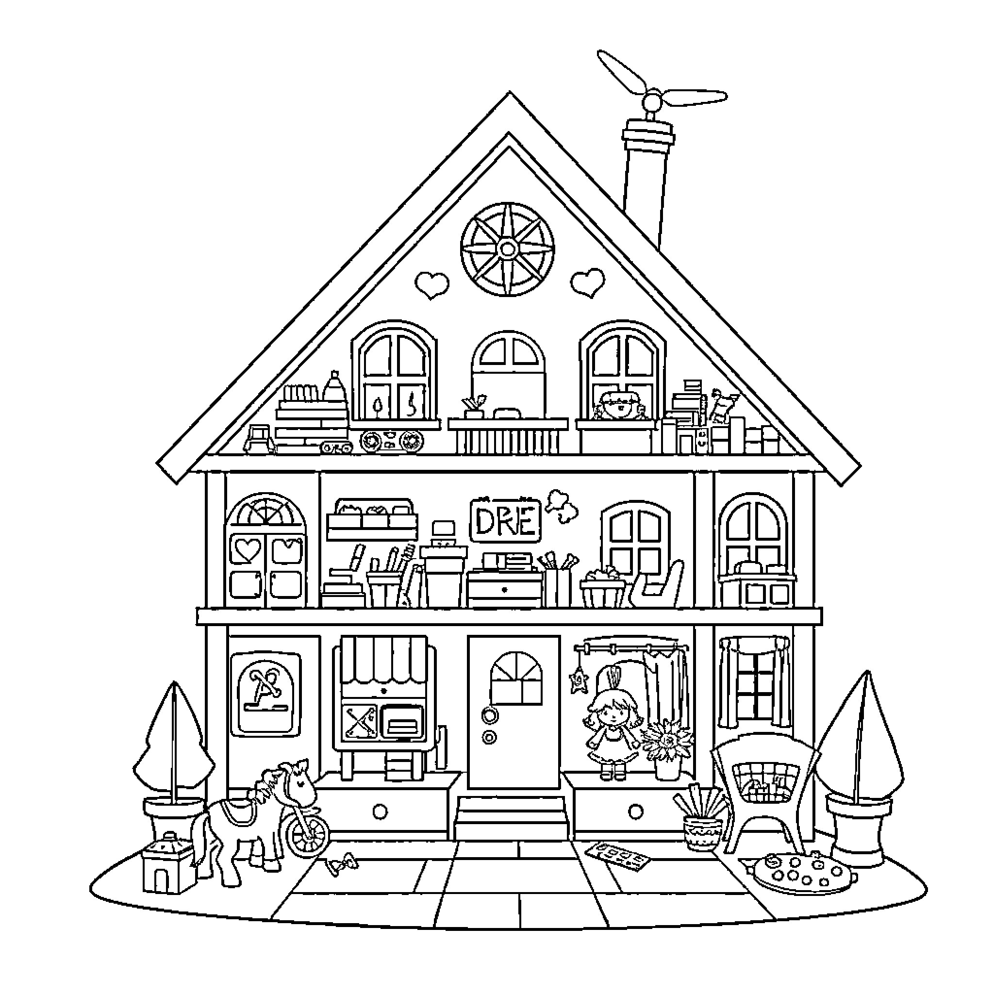 Dollhouse with Charming Furnishings and Playful Details Coloring Page (free black-and-white line drawing printable PDF for all, from beginners to advanced learners, including children, teens, adults, and seniors)
