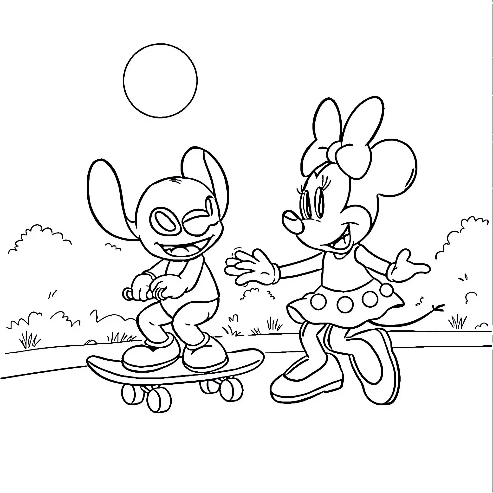 Minnie and Stitch skateboarding in the park Coloring Page (free black-and-white line drawing printable PDF for all, from beginners to advanced learners, including children, teens, adults, and seniors)