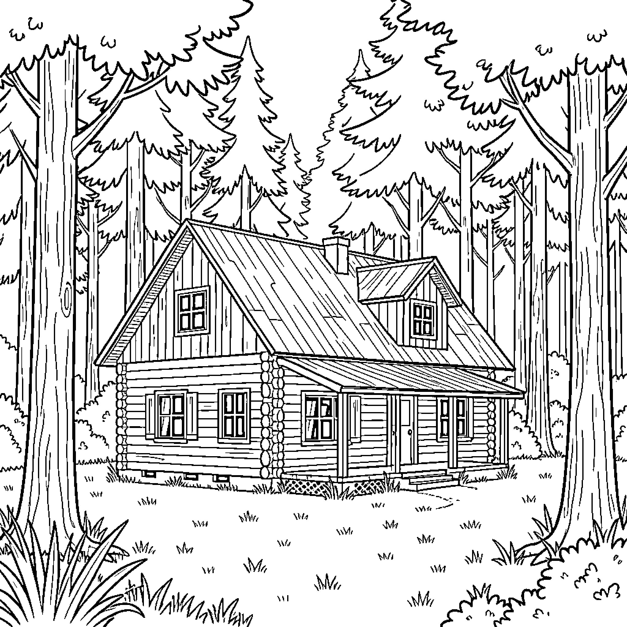 House nestled peacefully within a dense forest Coloring Page (free black-and-white line drawing printable PDF for all, from beginners to advanced learners, including children, teens, adults, and seniors)