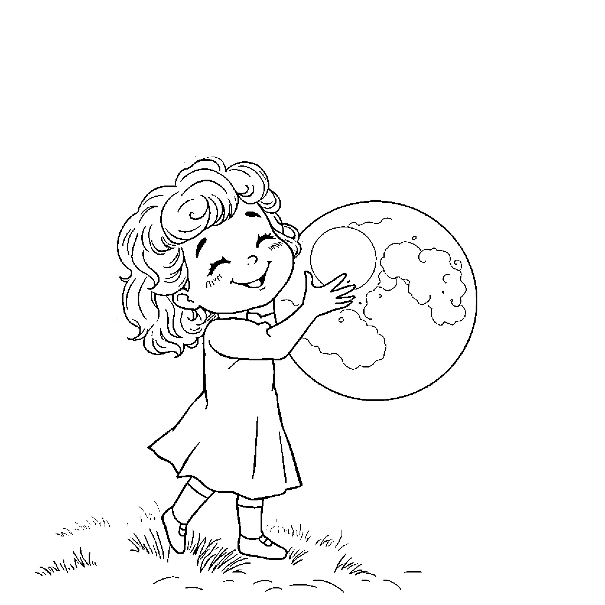 Girl embracing the world with joy Coloring Page (free black-and-white line drawing printable PDF for all, from beginners to advanced learners, including children, teens, adults, and seniors)