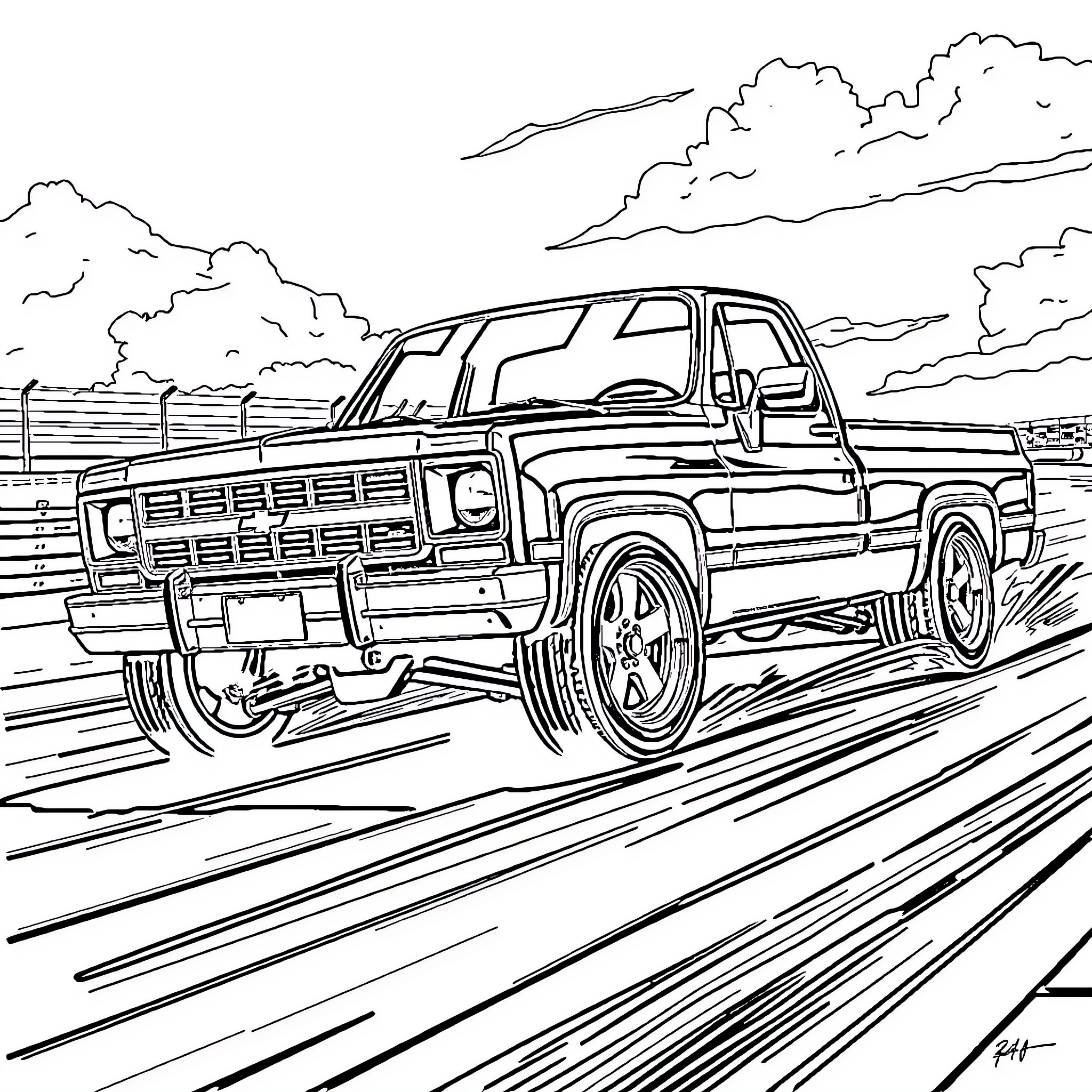 Chevy Truck Speeding Through Countryside Coloring Page (free black-and-white line drawing printable PDF for all, from beginners to advanced learners, including children, teens, adults, and seniors)