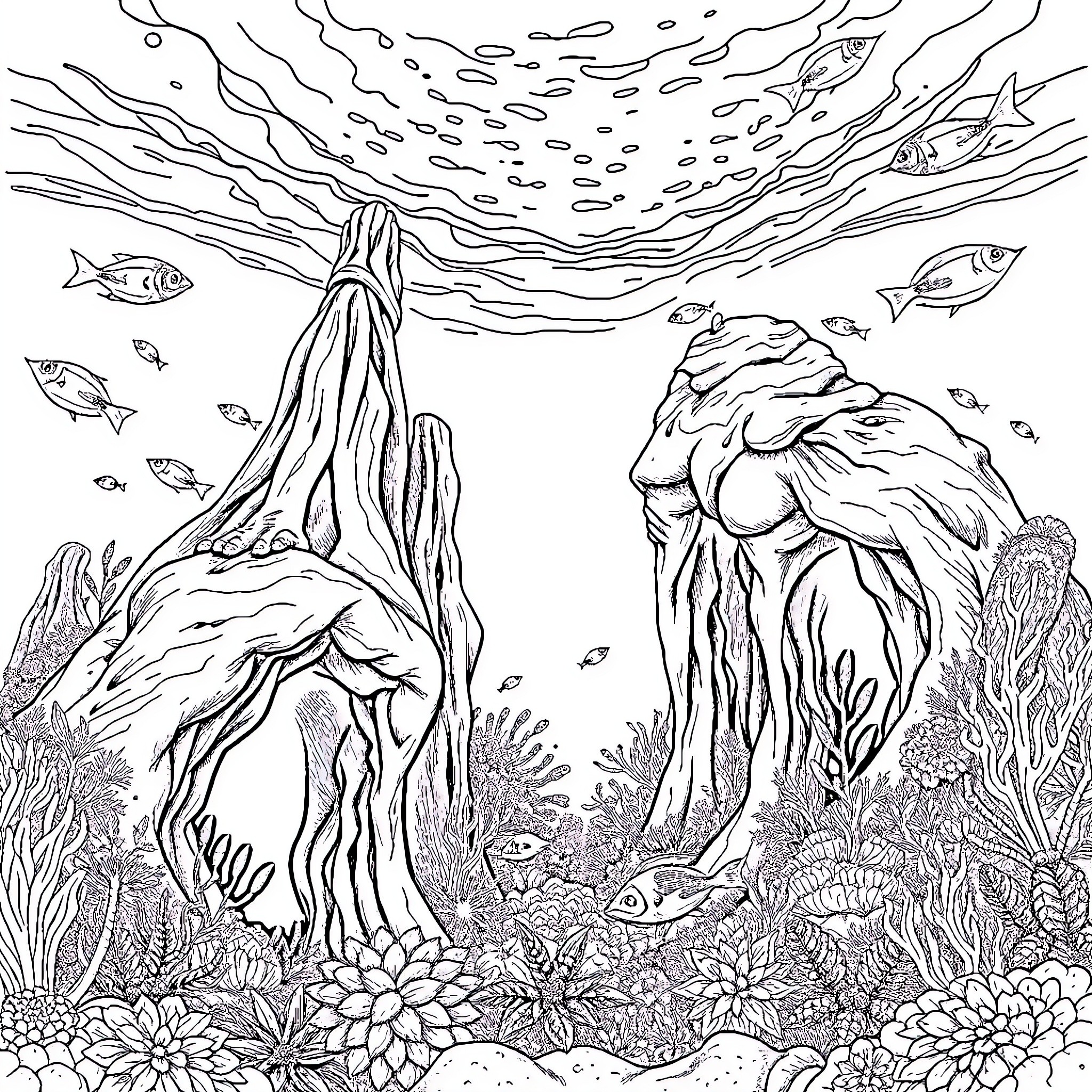 Chimney of nature underwater landscape Coloring Page (free black-and-white line drawing printable PDF for all, from beginners to advanced learners, including children, teens, adults, and seniors)