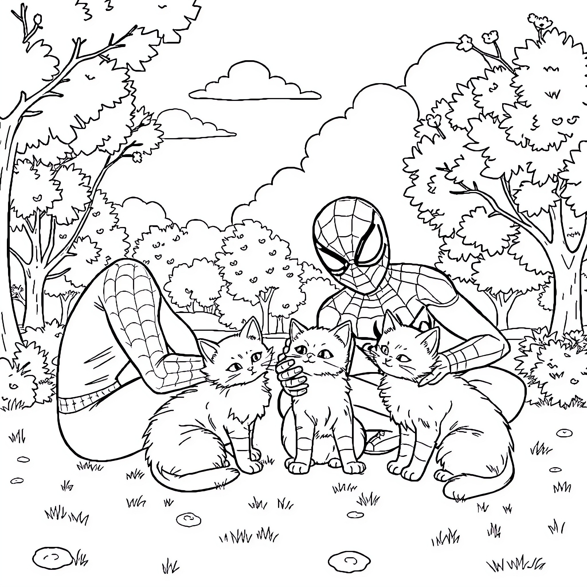 Cat and Spider-Man playing with kittens in the forest Coloring Page (free black-and-white line drawing printable PDF for all, from beginners to advanced learners, including children, teens, adults, and seniors)