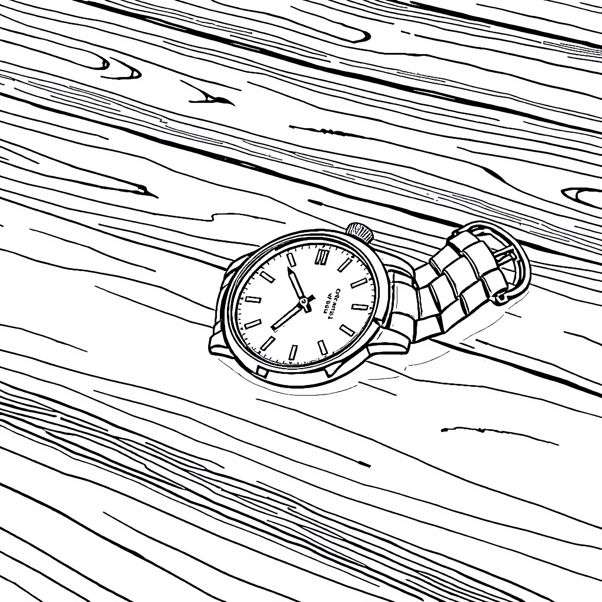 Watch a vintage timepiece on a wooden surface Coloring Page (free black-and-white line drawing printable PDF for all, from beginners to advanced learners, including children, teens, adults, and seniors)