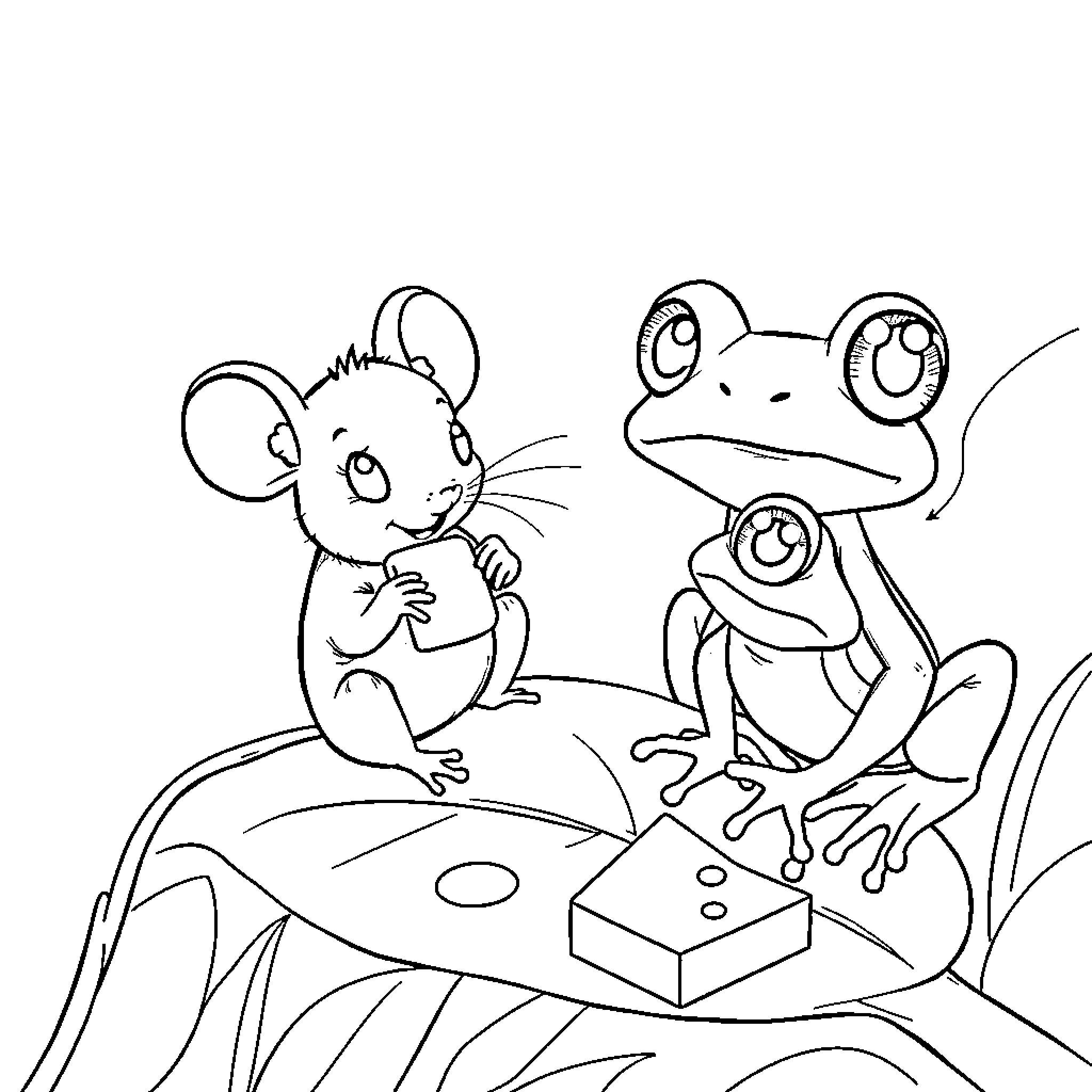 Mouse and frog playing together in nature Coloring Page (free black-and-white line drawing printable PDF for all, from beginners to advanced learners, including children, teens, adults, and seniors)